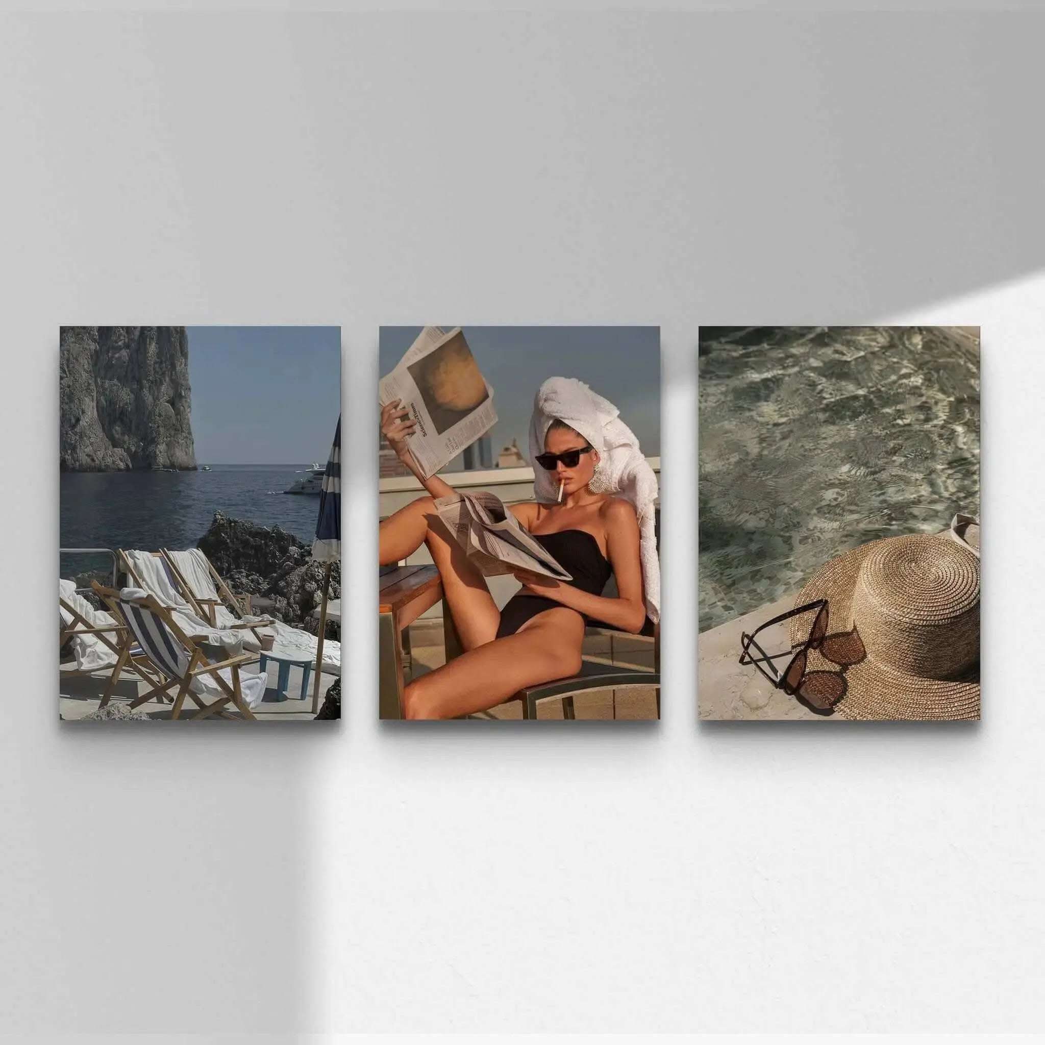 Vintage Retro Fashion Posters Set of 3 featuring stylish beach scenes, sunbathing woman, and summer accessories in printable digital wall art — HAUS OF PRINTS