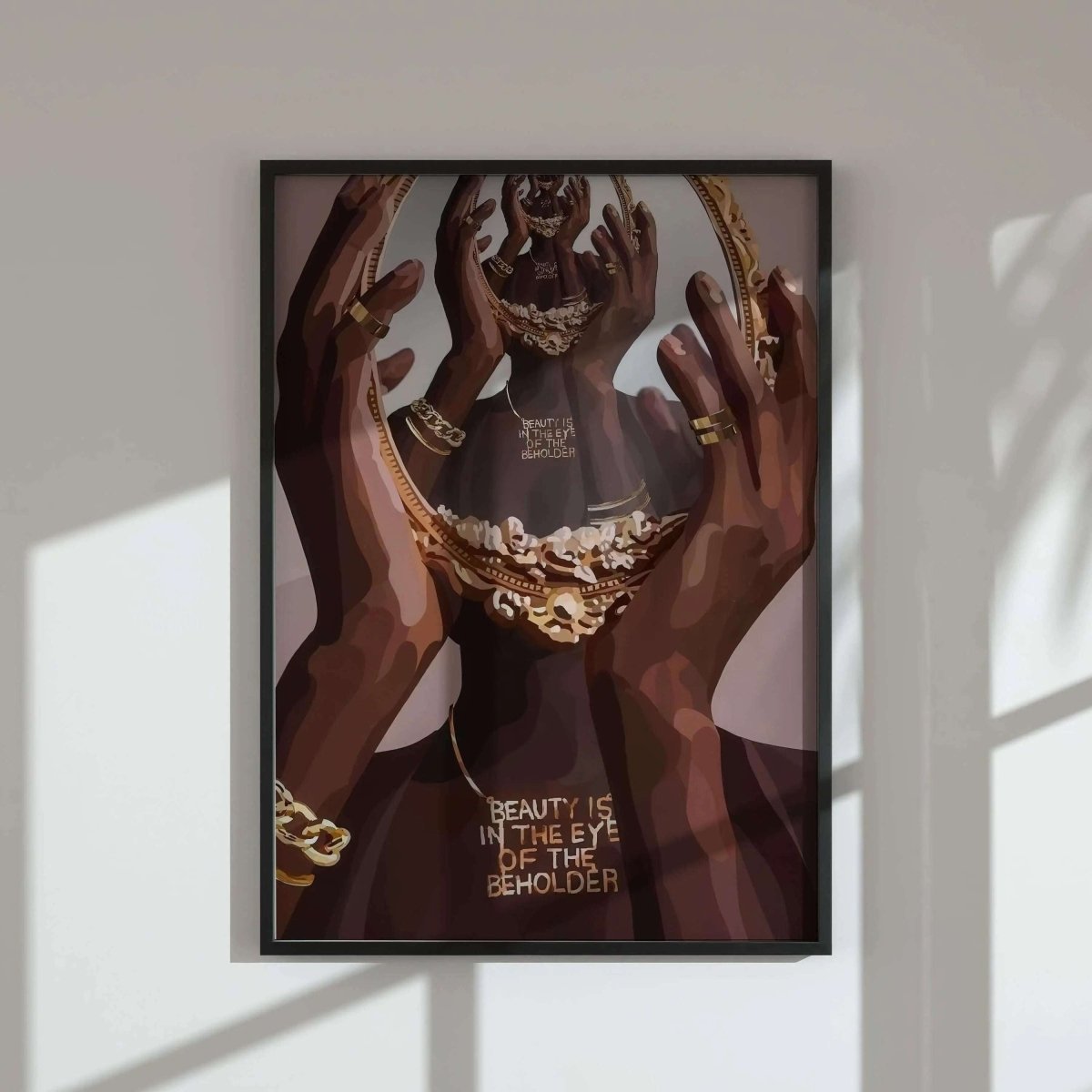 Framed Abstract Black Woman Art Set of 9 featuring Afrocentric digital wall art with gold jewelry on dark skin, vibrant printable art, Haus of Prints.