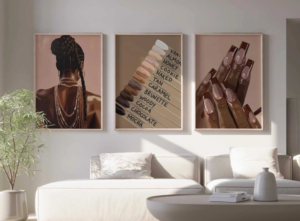 Abstract Black Woman Art Set of 9 printable art featuring Afrocentric designs in warm tones above sofa in modern living room — Haus of Prints.
