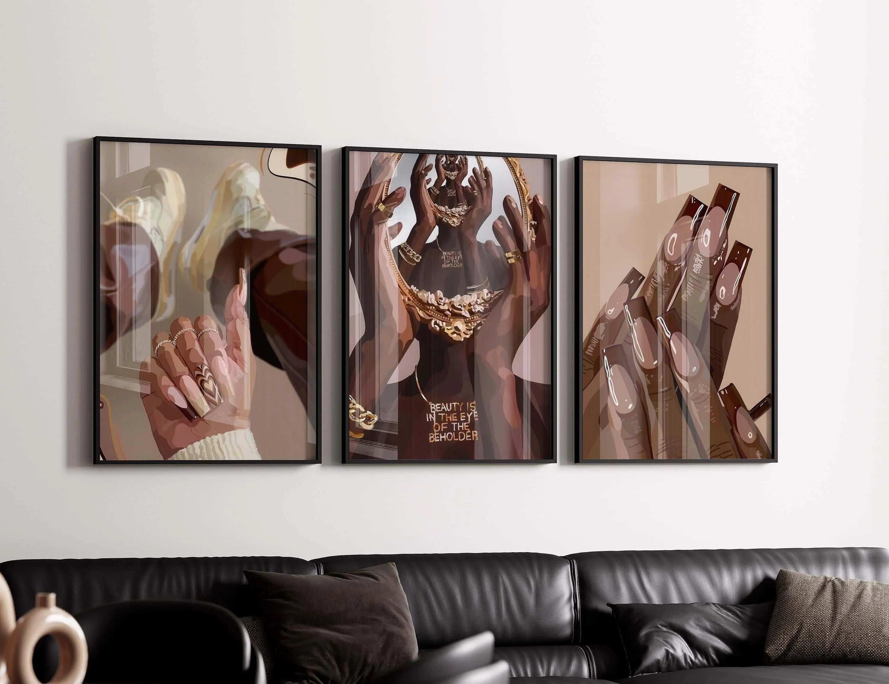 Abstract Black Woman Art Set of 9 featuring vibrant Afrocentric digital wall art above a modern living room sofa by Haus of Prints.