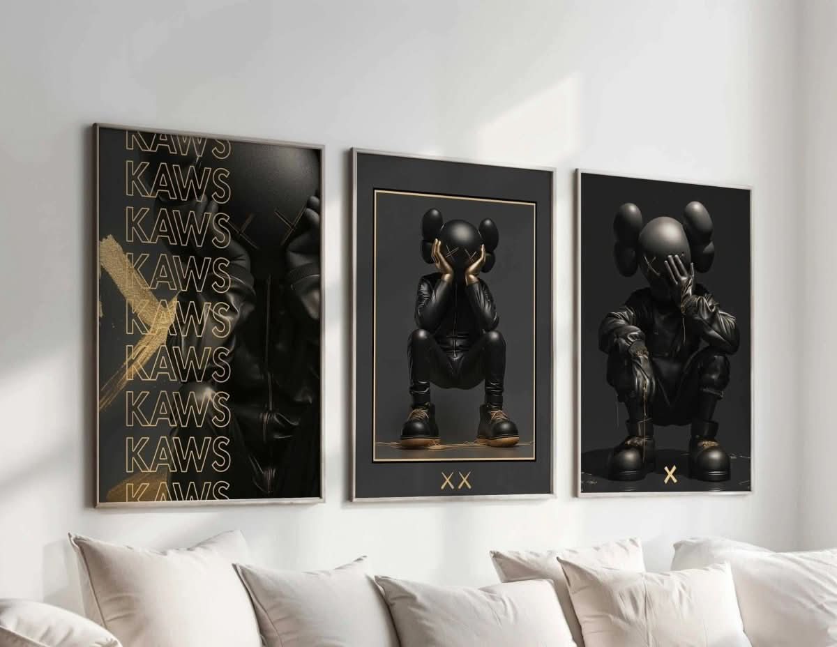 Scene featuring all three posters from the set displayed prominently, emphasizing their cohesive design.