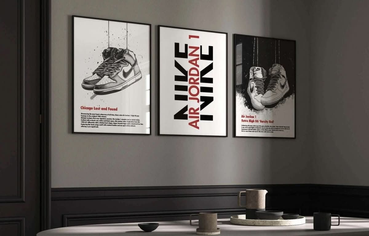 Abstract Modern Sneakerhead Poster Set of 3 presenting uniquely designed sneaker graphics in vibrant tones.