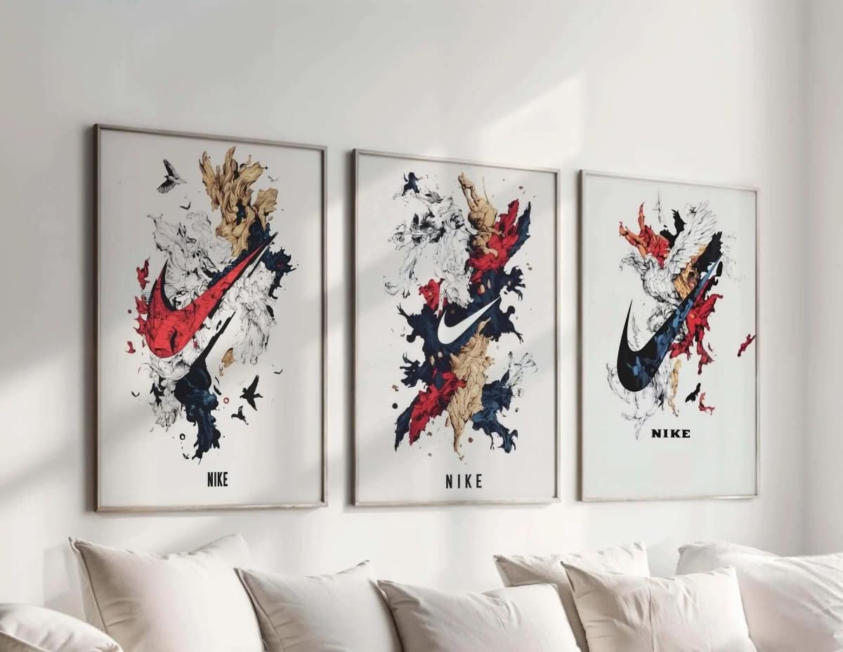 Abstract Nike wall art set showcasing colorful splashes and swoosh in a modern design.