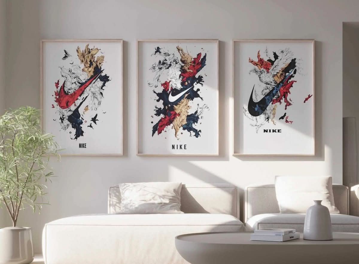 Abstract Nike wall art featuring bold swoosh and bright colors, perfect for any modern space.