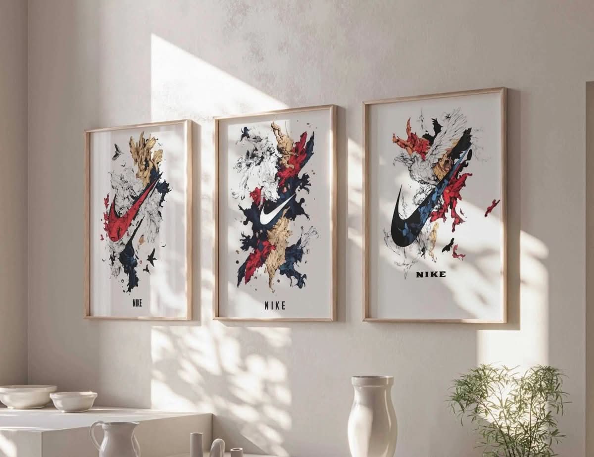 Abstract Nike Wall Art Set of 3 with colorful patterns and swoosh, an artistic decor piece.