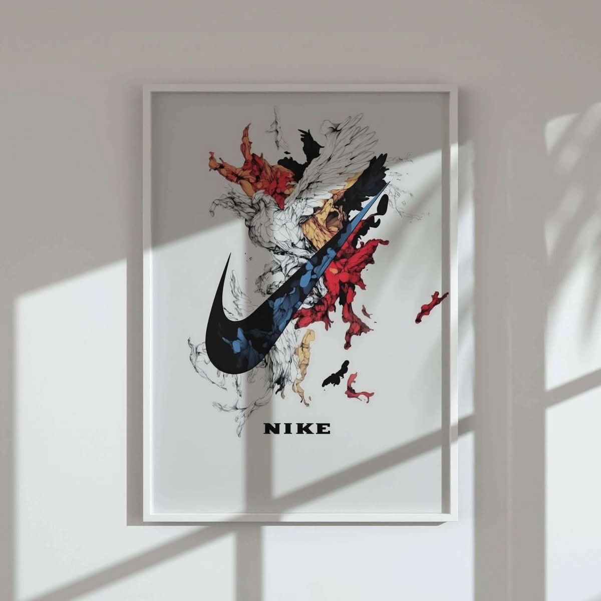 Abstract Nike wall art focusing on dynamic splashes of color and a recognizable swoosh design.