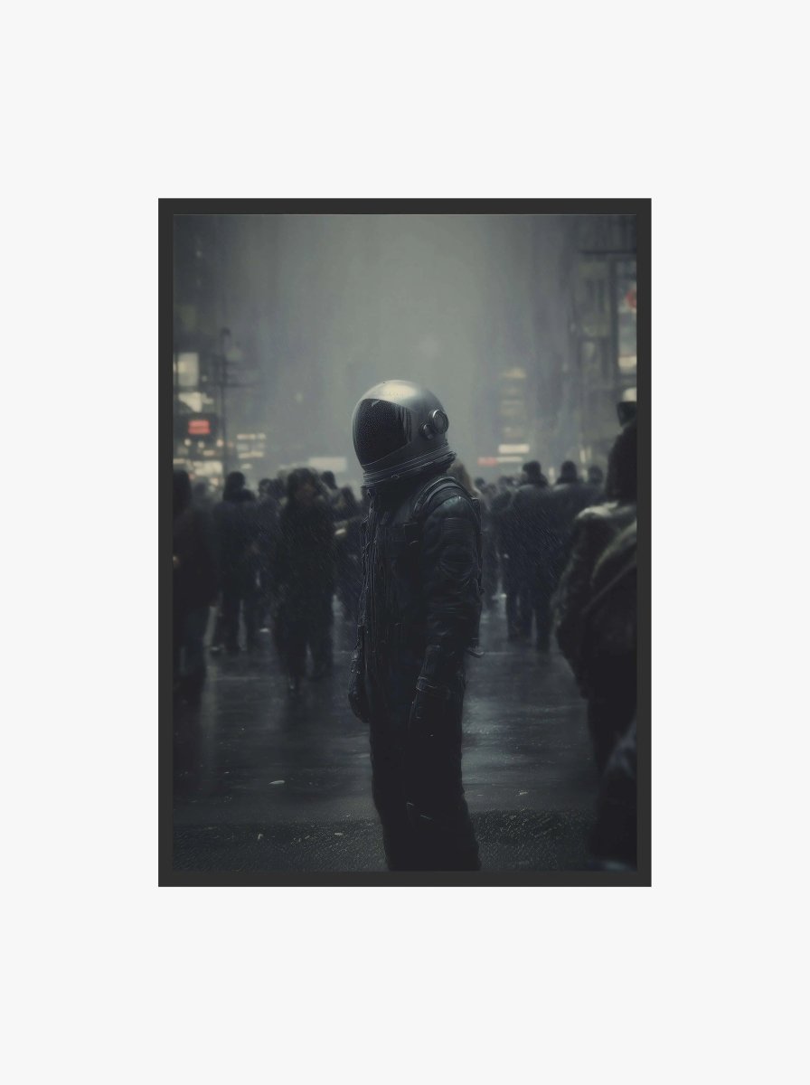 Astronaut Dystopian City Art Print in moody grayscale digital wall art with lone figure among crowd, modern home decor — Haus of Prints