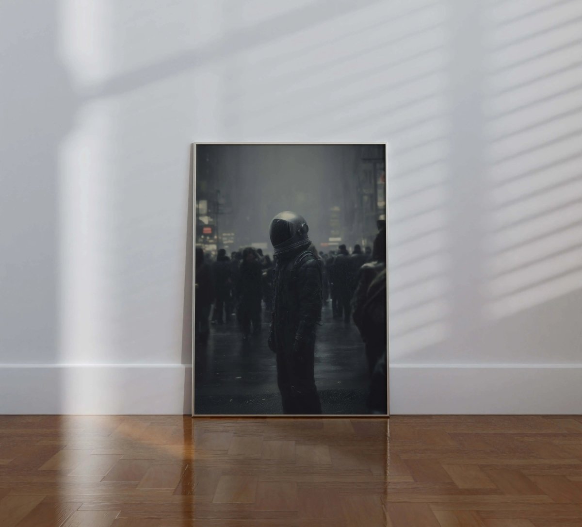Astronaut Dystopian City Art Print in dark tones framed against a minimalist wall, modern digital wall art by Haus of Prints.