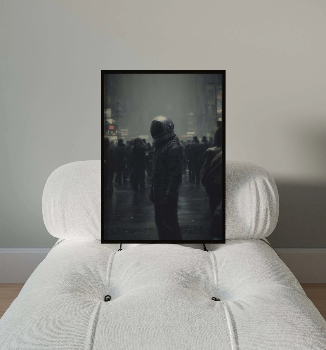 Astronaut Dystopian City art print in a black frame on a white chair, digital wall art for modern home decor — Haus of Prints.