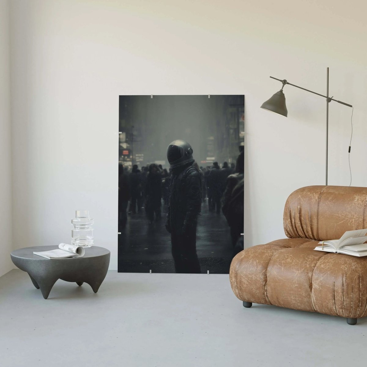 Astronaut Dystopian City digital wall art print in muted dark tones, displayed in minimalist living room decor, printable art by Haus of Prints.