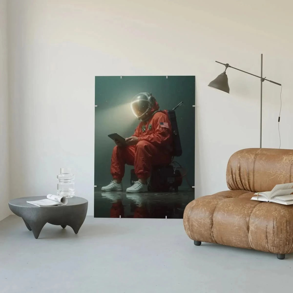 Astronaut Wall Art Print – Cyber Reverie poster positioned on a wall in a modern living room setting.
