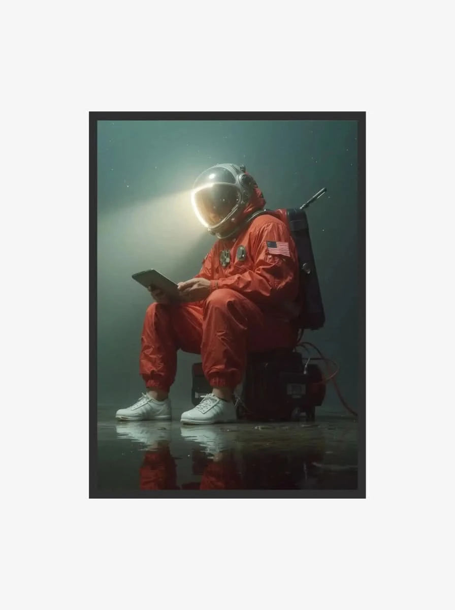 Astronaut Wall Art Print – Cyber Reverie featuring a seated astronaut in a serene underwater atmosphere.