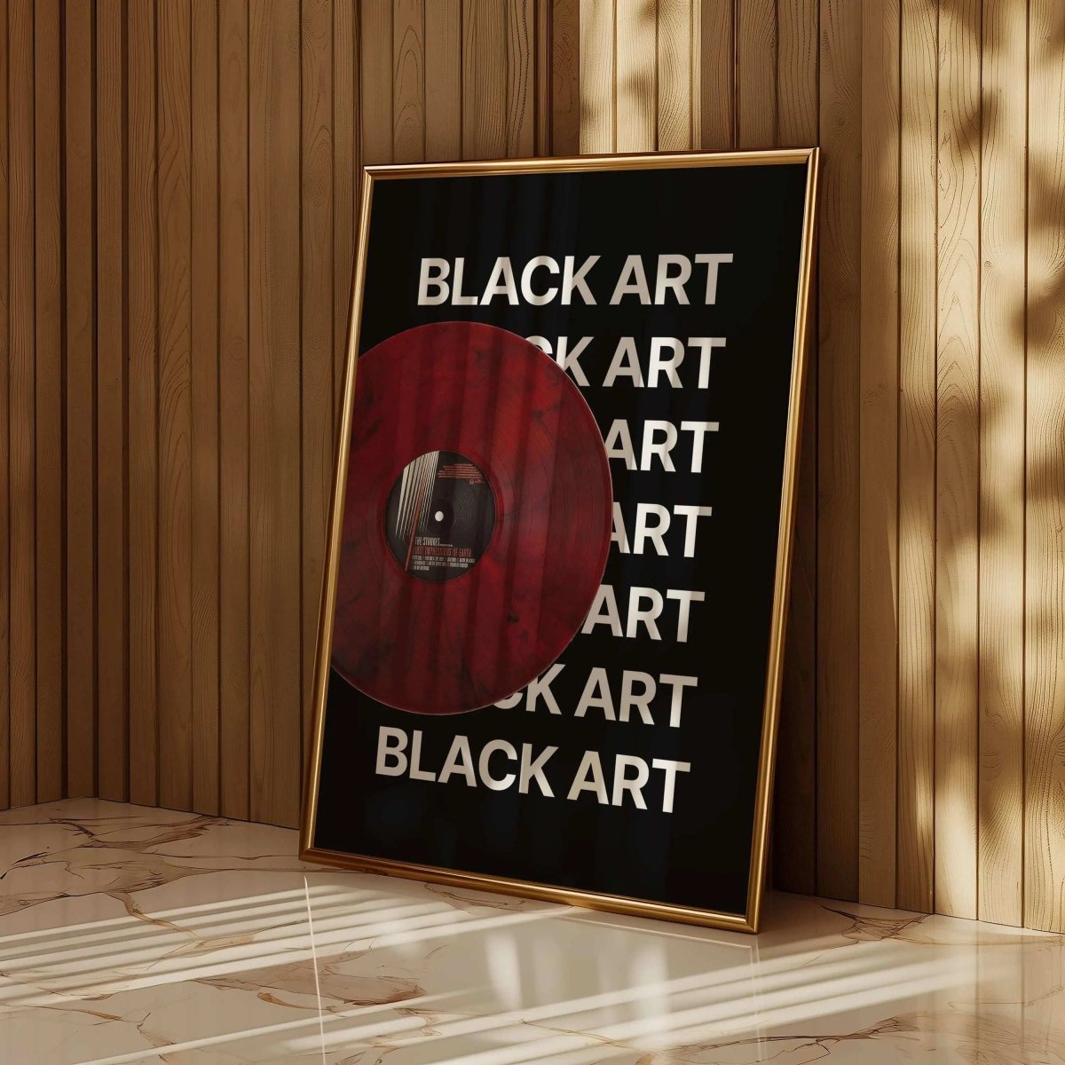 Black Art x The Strokes vinyl poster framed modern art print with bold typography and red record, stylish living room decor by Haus of Prints.