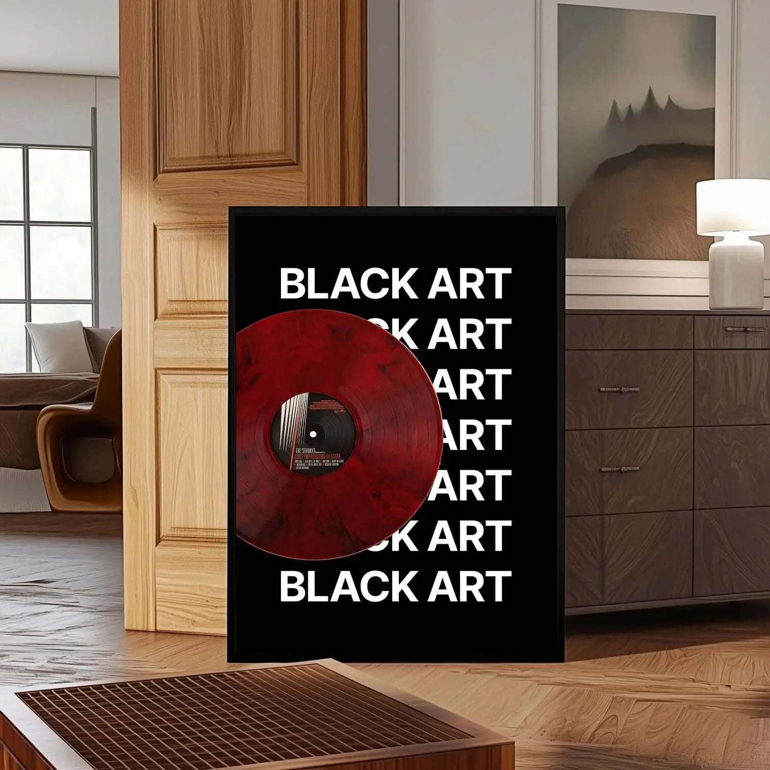 Black Art x The Strokes vinyl poster printable art with bold black and white design and red vinyl, displayed in modern living room — Haus of Prints