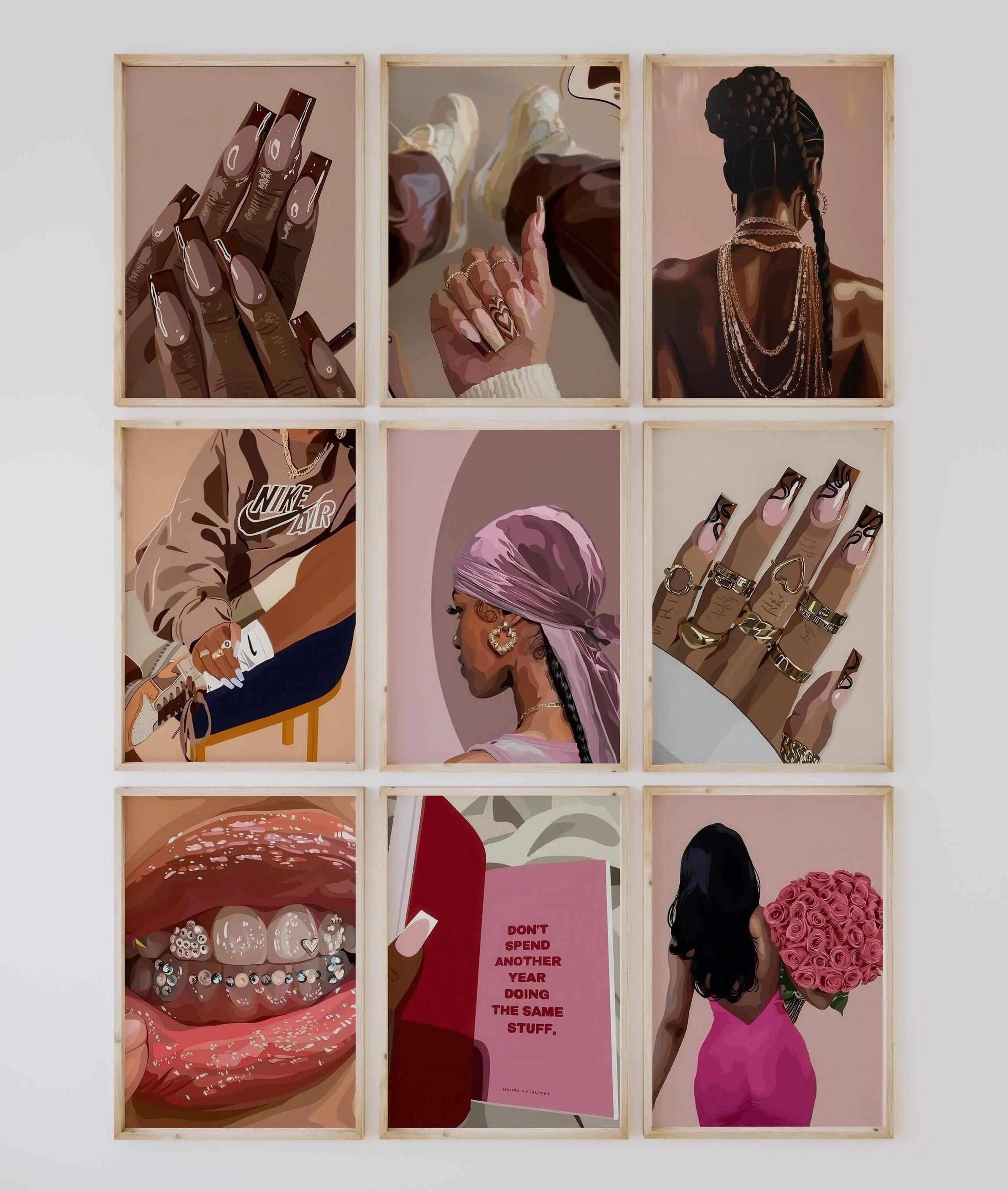 Black Girl Printable Wall Art Set of 9 featuring Afrocentric digital prints in soft pinks and browns, perfect for modern living room decor — HAUS OF PRINTS