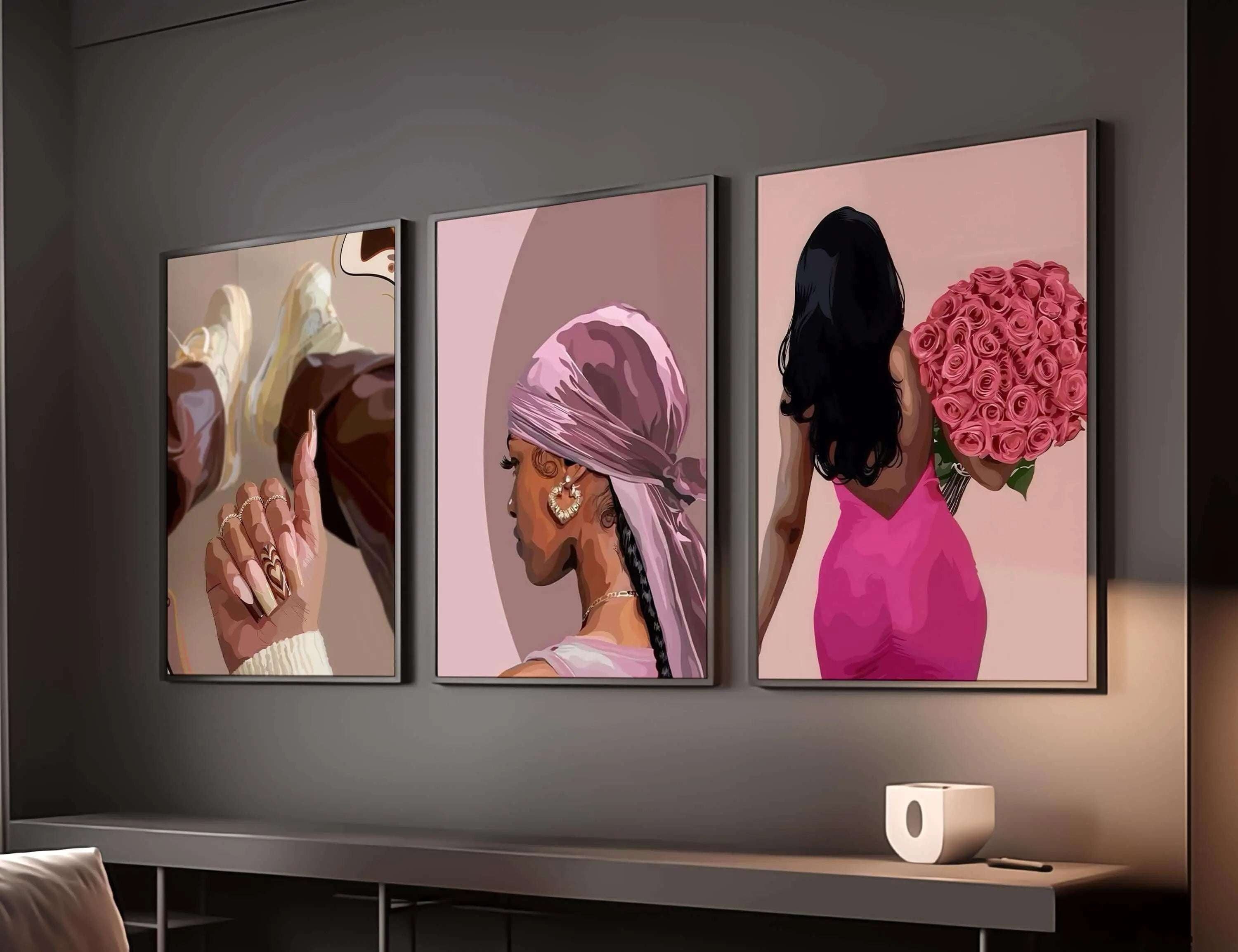 Black Girl Printable Wall Art Set of 9 featuring Afrocentric digital art prints in a modern living room setting — Haus of Prints.