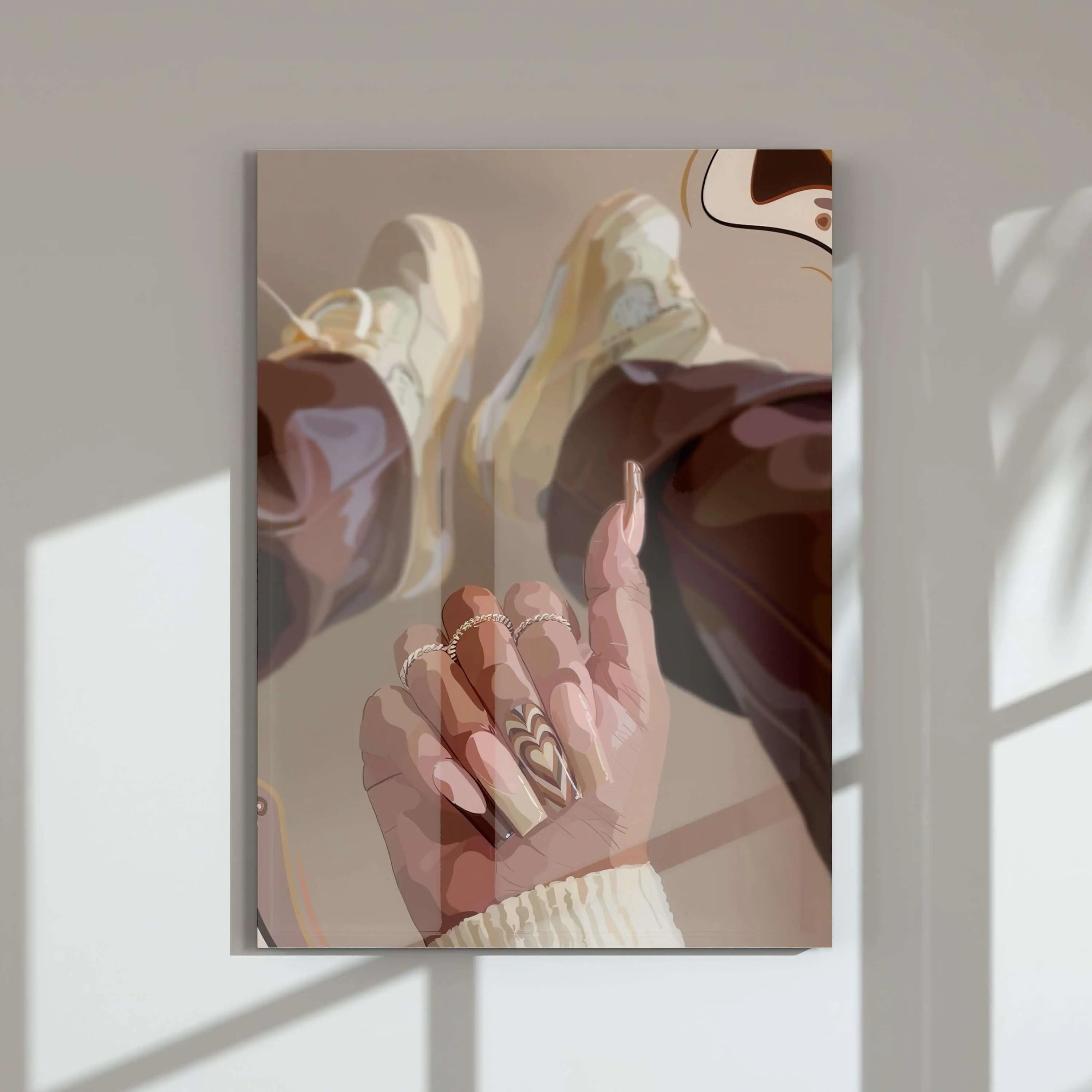 Digital wall art printable poster of a hand with long nails and rings, sneaker art style in neutral tones on a modern wall — Black Girl Printable Wall Art Set of 9 by HAUS OF PRINTS.