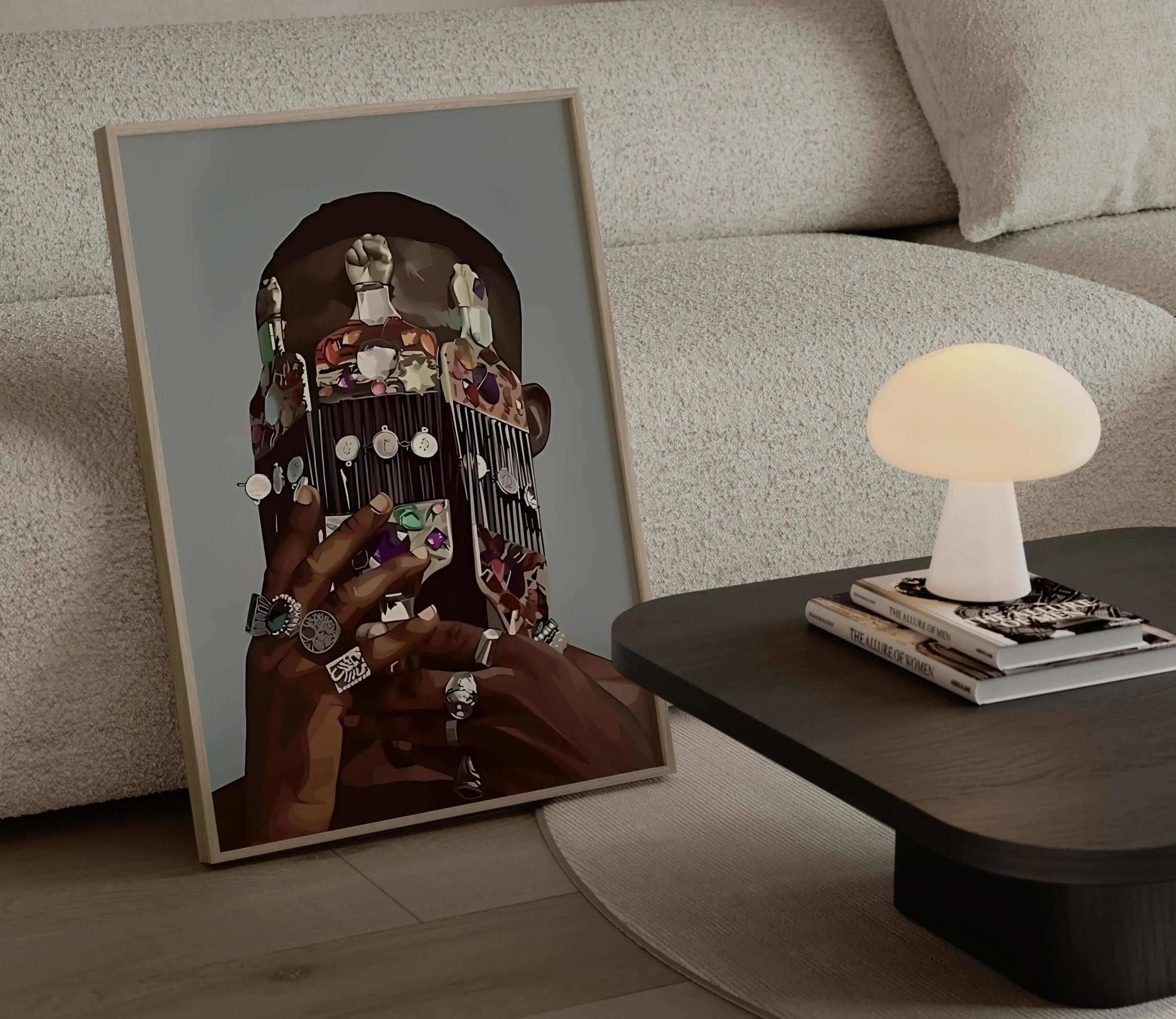 Black Man Culture digital wall art print in neutral tones leaning by sofa in modern living room decor, instant download by Haus of Prints.