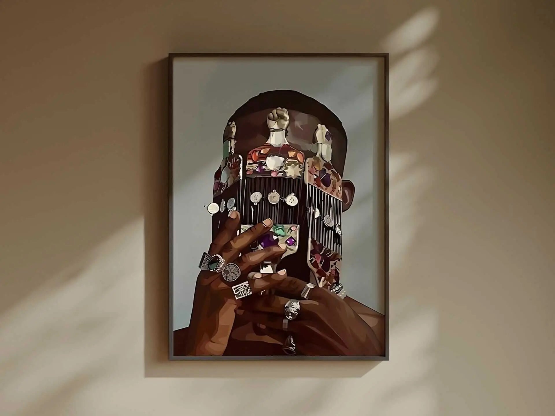 Framed Black Man Culture digital wall art featuring detailed Afrocentric design and jewelry, hanging in a modern living room – Haus of Prints.