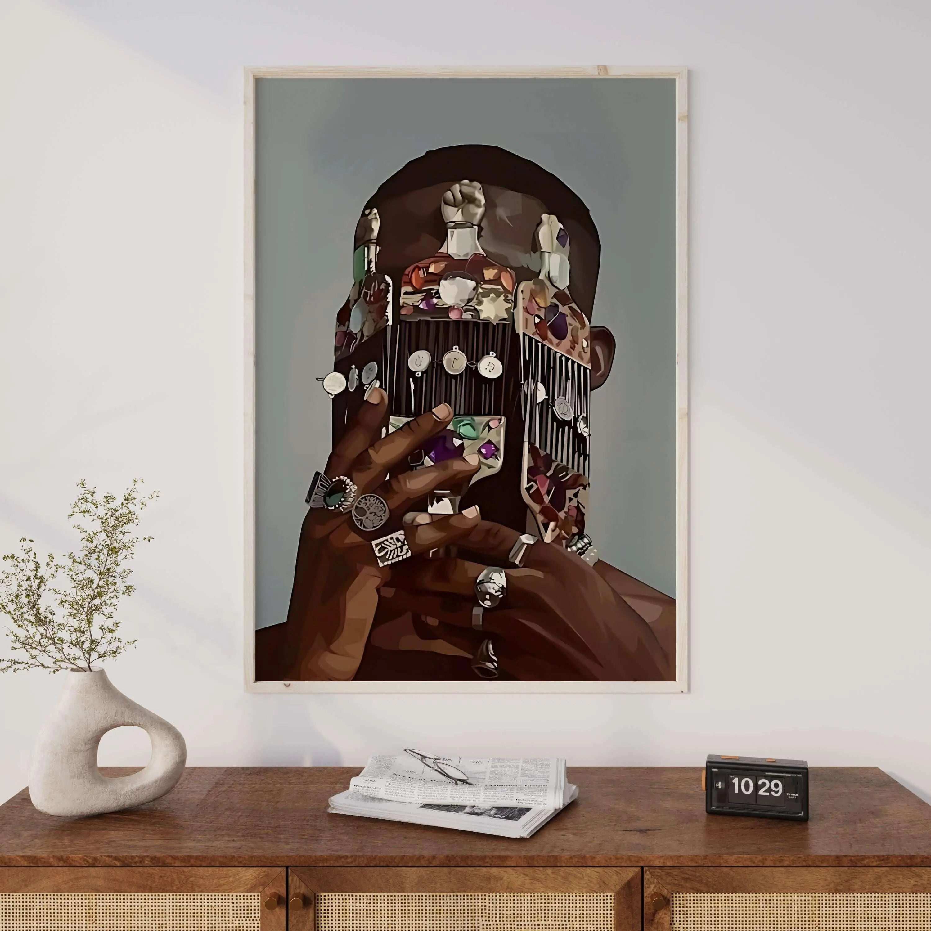 Black Man Culture digital wall art print featuring Afrocentric design with detailed rings, framed and displayed in modern living room — Haus of Prints.
