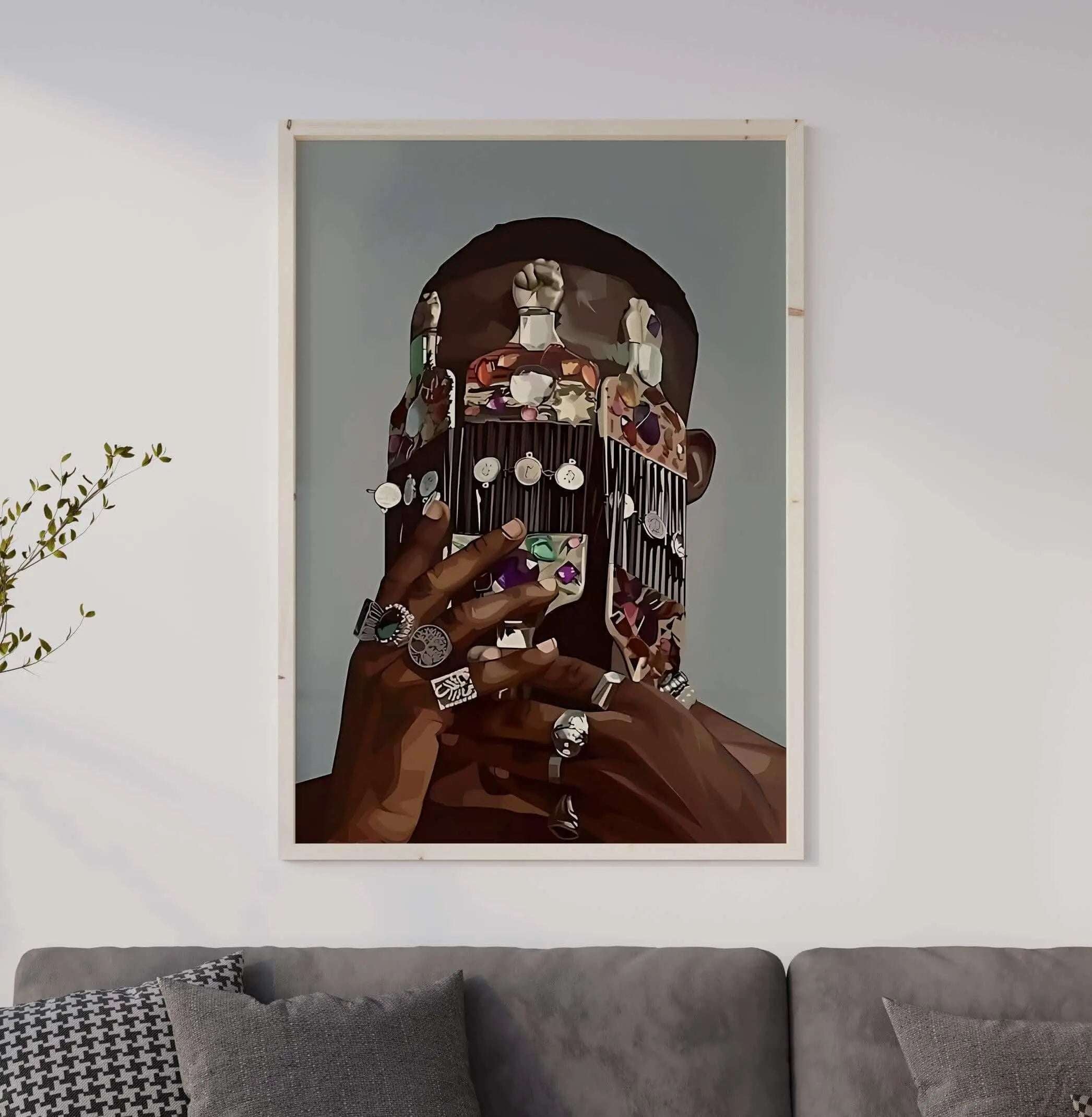 Black Man Culture digital wall art featuring a regal figure with ornate crown and rings in modern living room decor, printable art — HAUS OF PRINTS