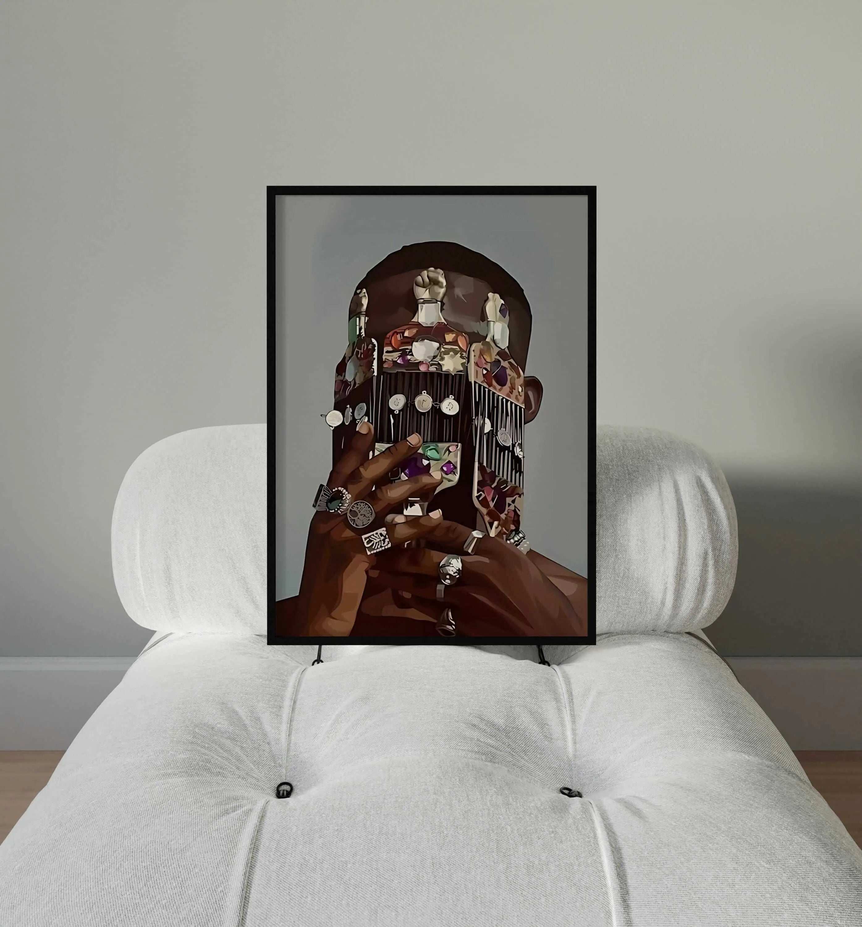 Black Man Culture digital art print featuring Afrocentric design and detailed jewelry on muted background, modern printable art — HAUS OF PRINTS