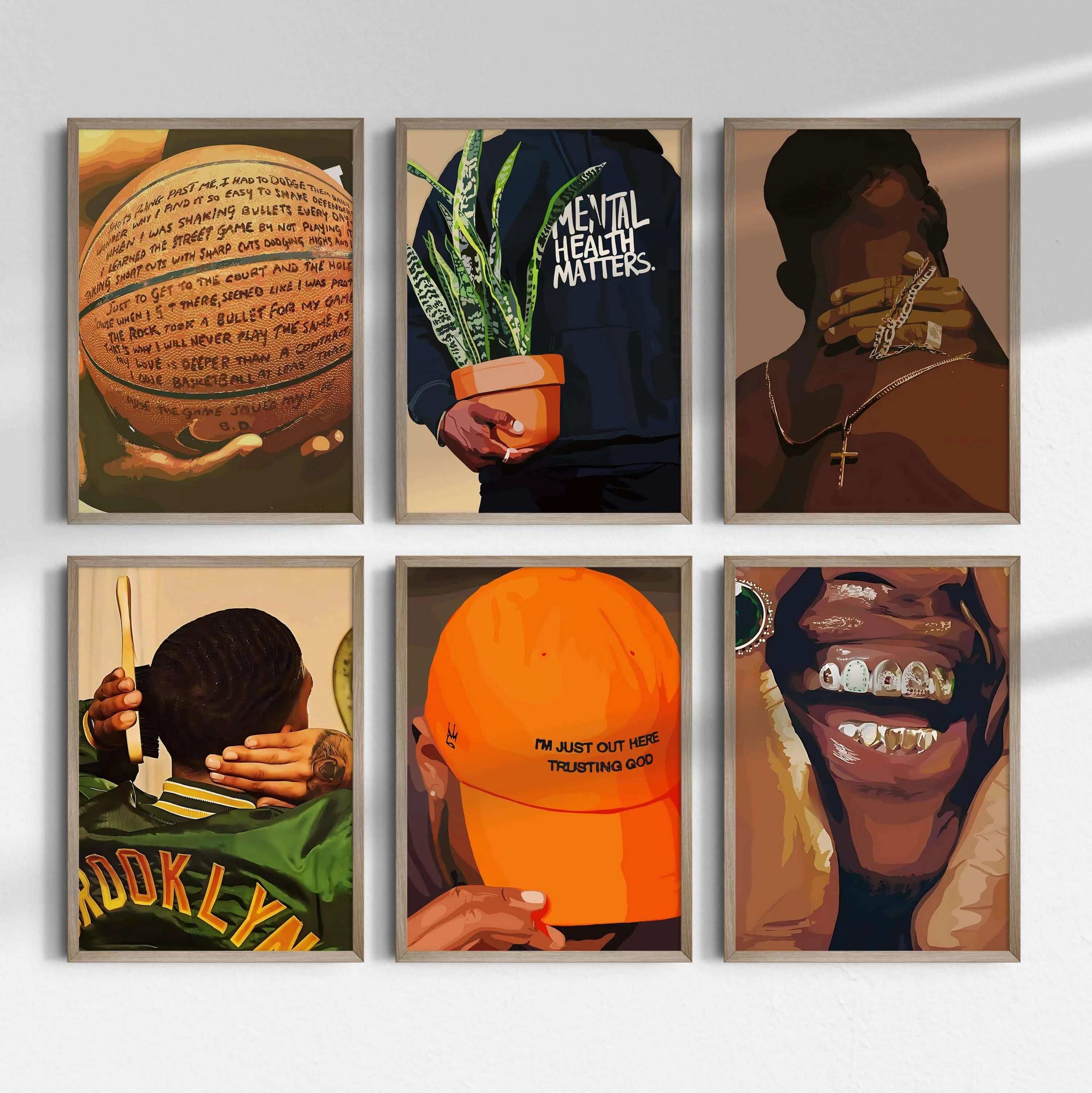 Black Men Wall Art Set of 6 featuring Afrocentric digital wall art prints with vibrant modern themes, perfect for living room decor — Haus of Prints.