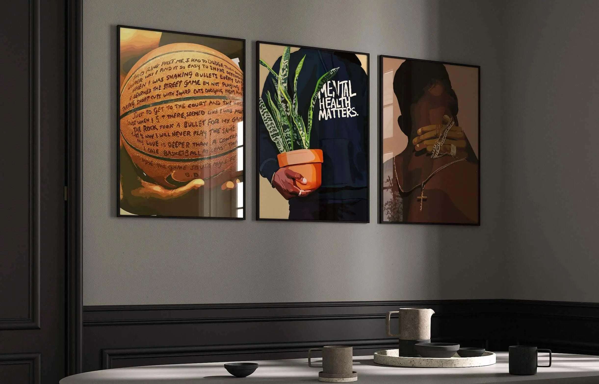 Black Men Wall Art Set of 6 featuring Afrocentric digital wall art prints in a modern dining room, printable art by HAUS OF PRINTS.