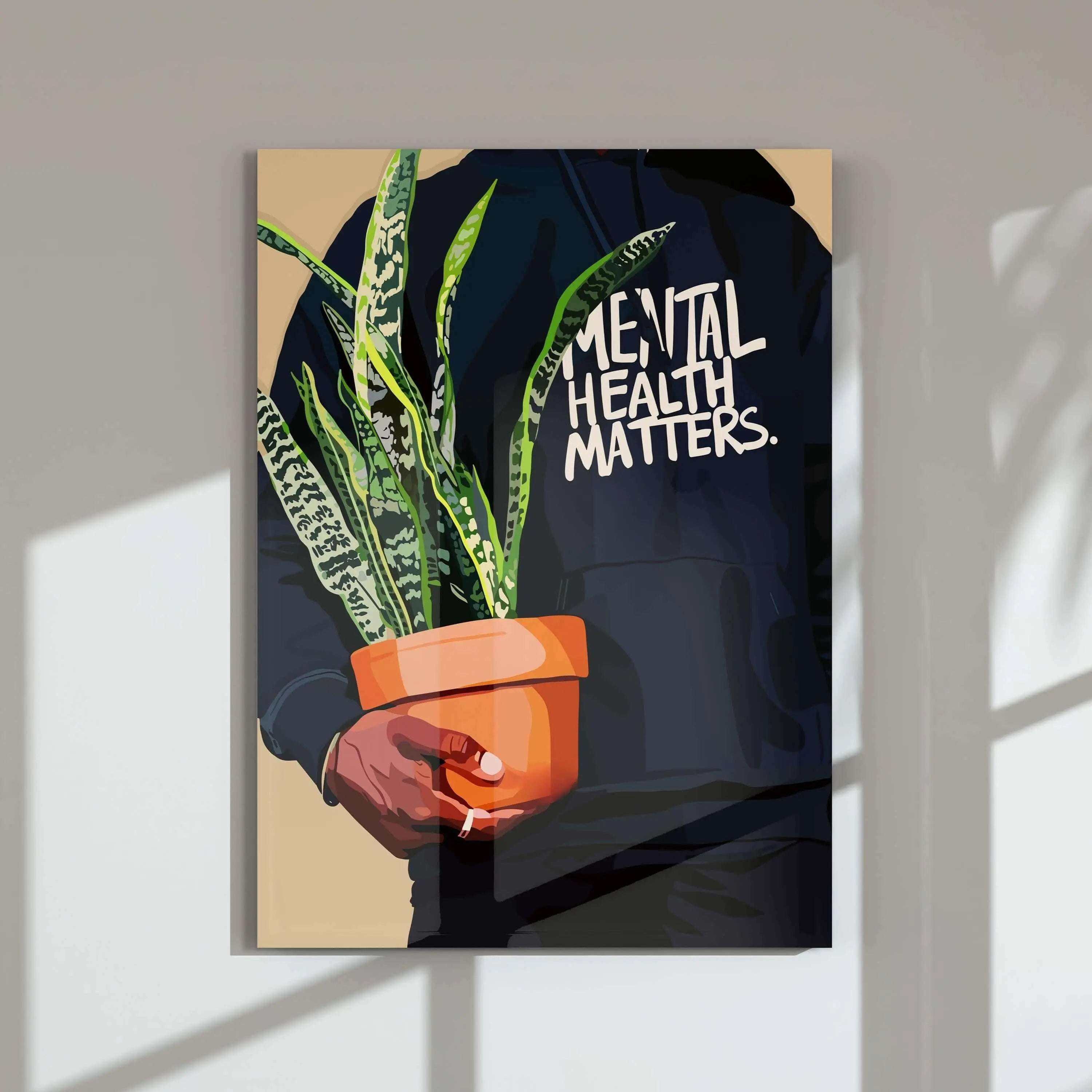Black Men Wall Art Set of 6 featuring Afrocentric digital wall art print with a plant and Mental Health Matters hoodie, modern home decor, Haus of Prints