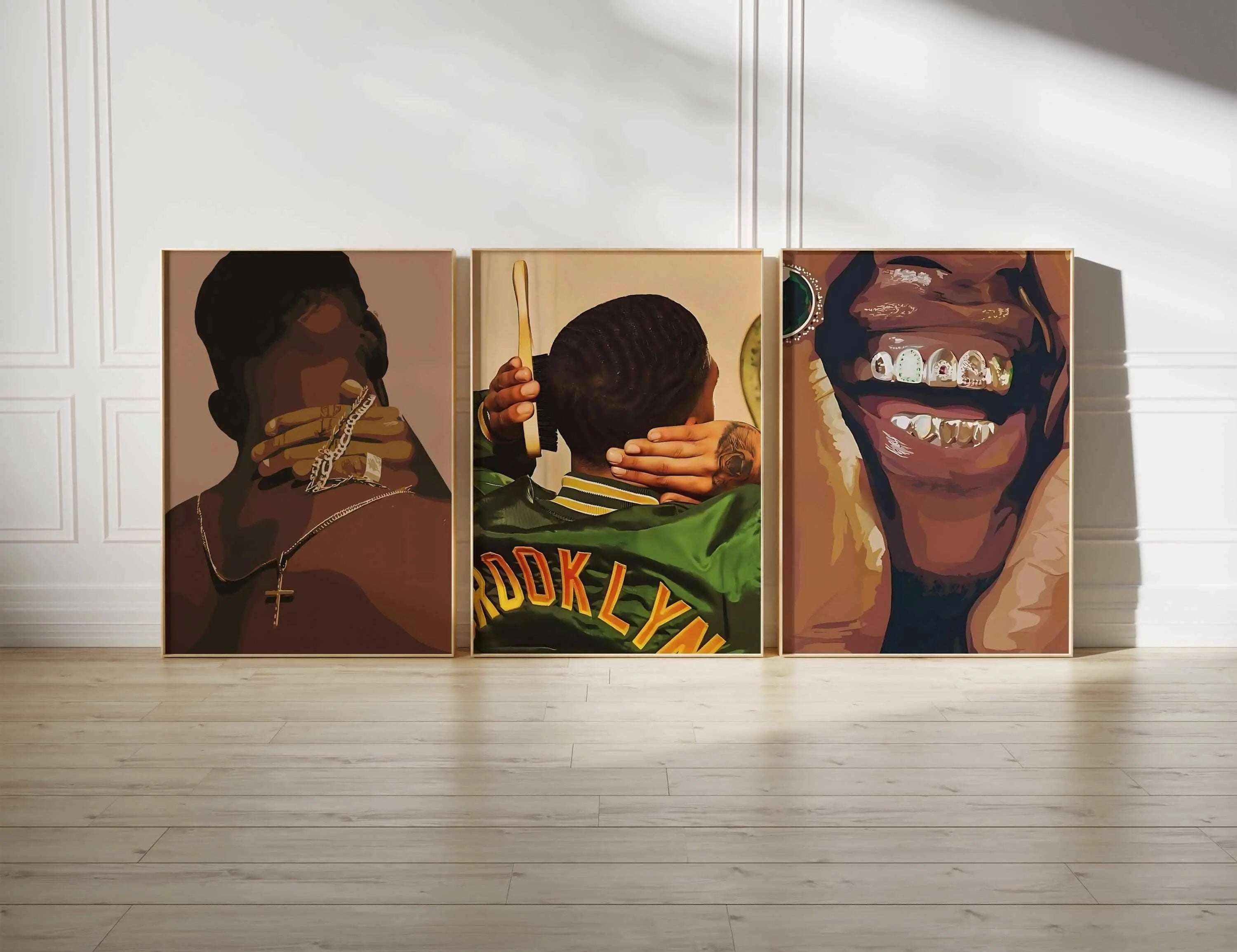 Black Men Wall Art Set of 6 featuring Afrocentric digital wall art prints in warm tones displayed in a modern living room by Haus of Prints.