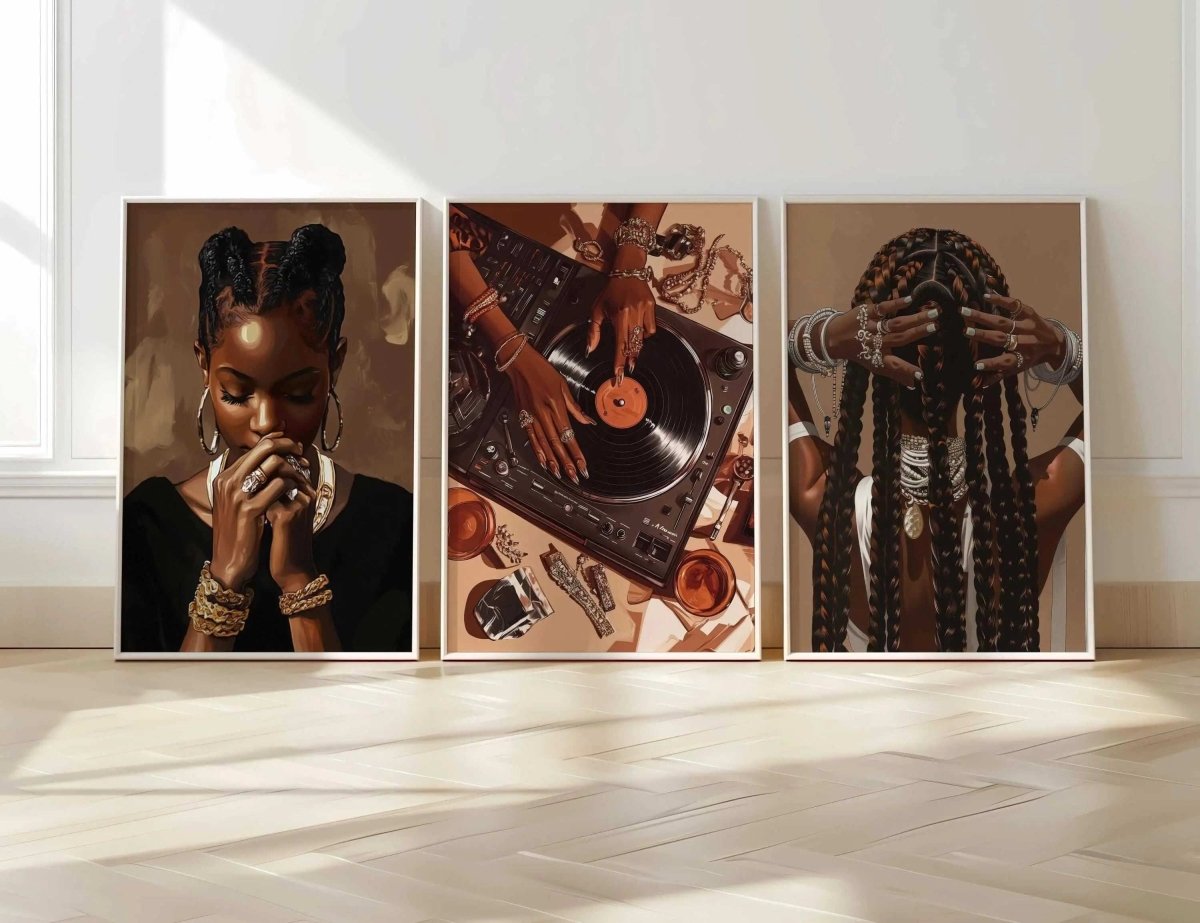 Black Woman Art Poster Set of 3 featuring Afrocentric digital wall art with warm tones in a bright modern room, printable art by Haus of Prints.
