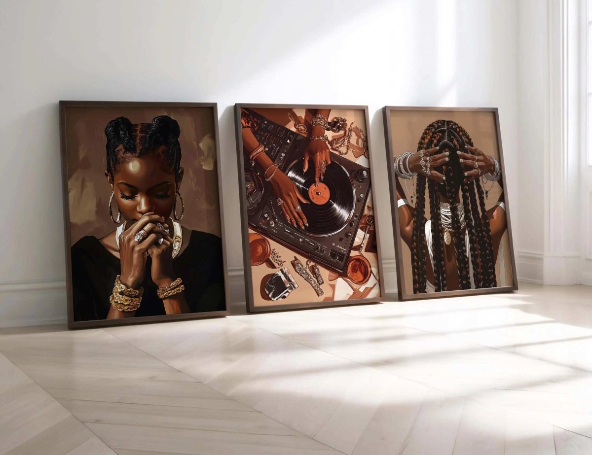 Black Woman Art Poster Set of 3 featuring Afrocentric digital wall art prints in wooden frames on light floor by a window, Haus of Prints.