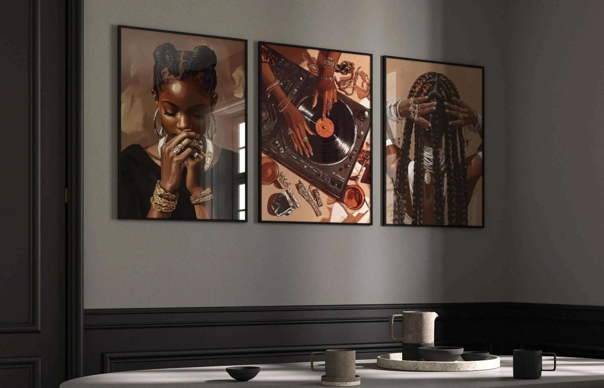 Black Woman Art Poster Set of 3 with Afrocentric digital wall art, framed in a modern living room by Haus of Prints.