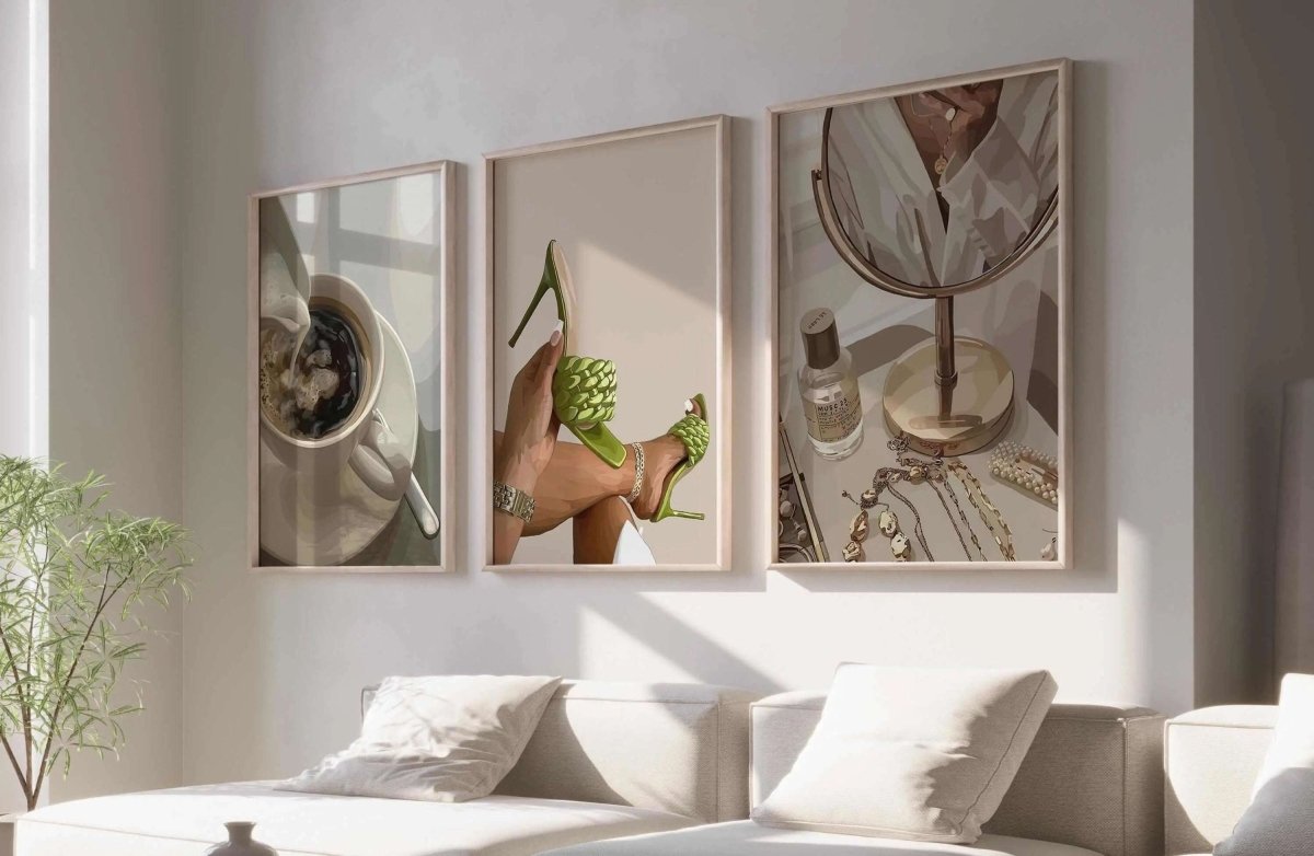 Black Woman Art Prints Set of 9 featuring Afrocentric digital wall art framed in a bright modern living room—Haus of Prints.