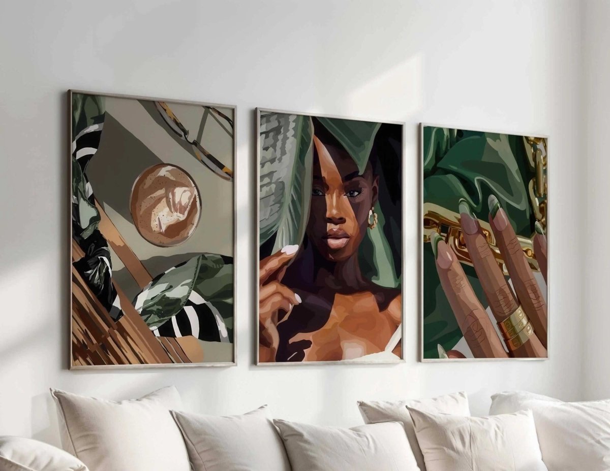 Black Woman Wall Art Set of 3 featuring Afrocentric digital wall art prints in a modern living room, printable art by Haus of Prints.