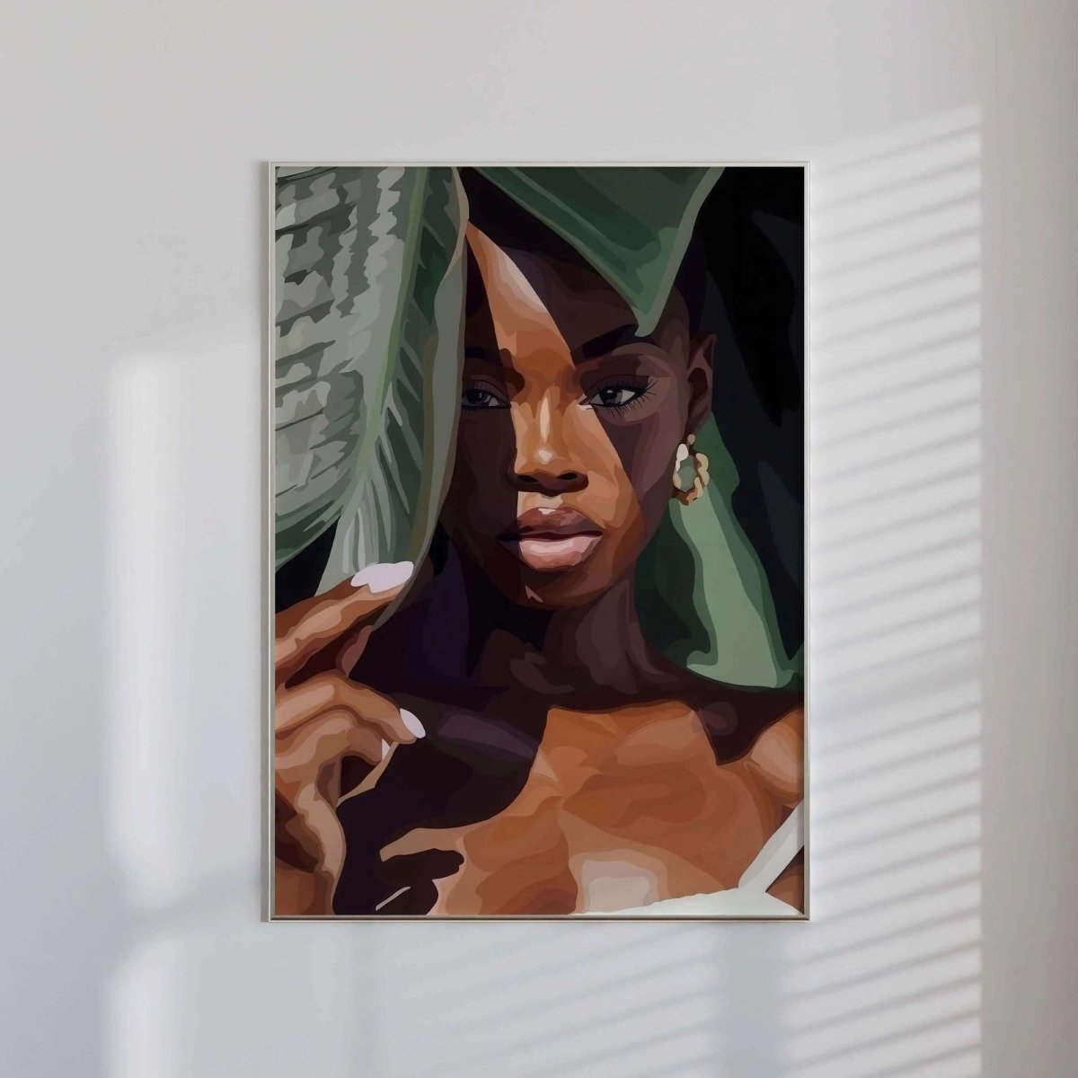 Black Woman Wall Art Set of 3 featuring vibrant Afrocentric digital wall art print in modern living room decor, printable art by Haus of Prints.