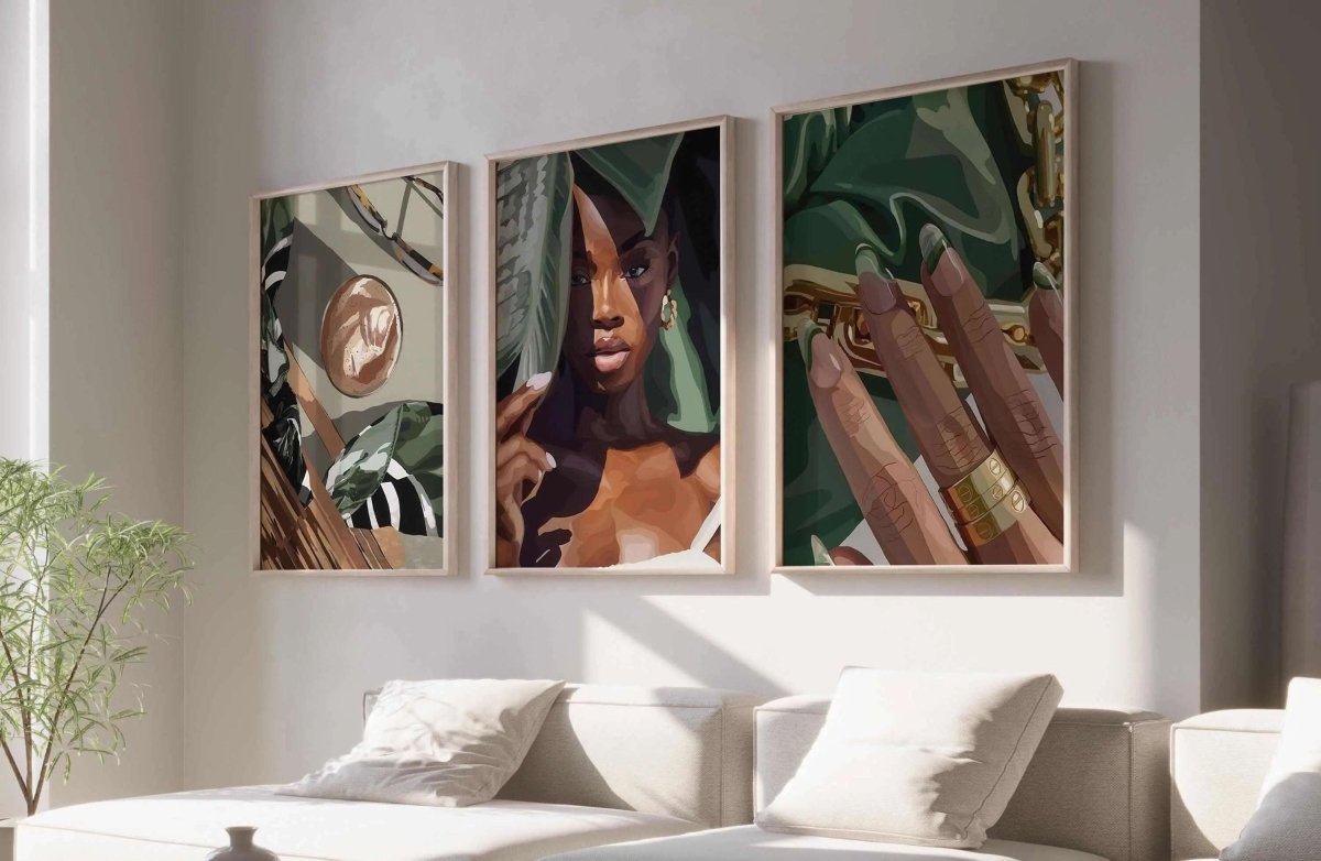 Black Woman Wall Art Set of 3 featuring Afrocentric digital wall art prints in framed modern living room decor by Haus of Prints.