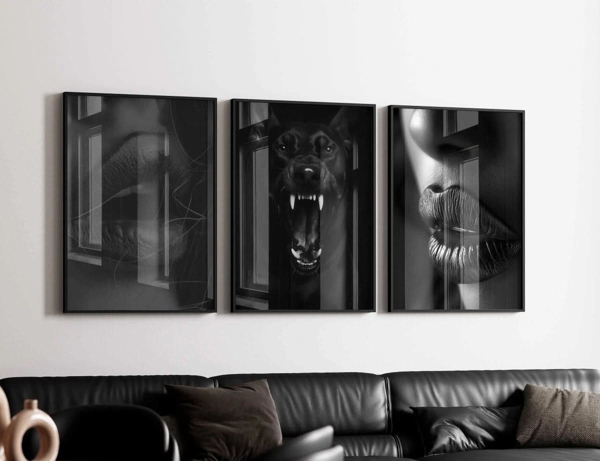 Black and White Fashion Prints Set displayed, featuring expressive lip art and a striking dog portrait.