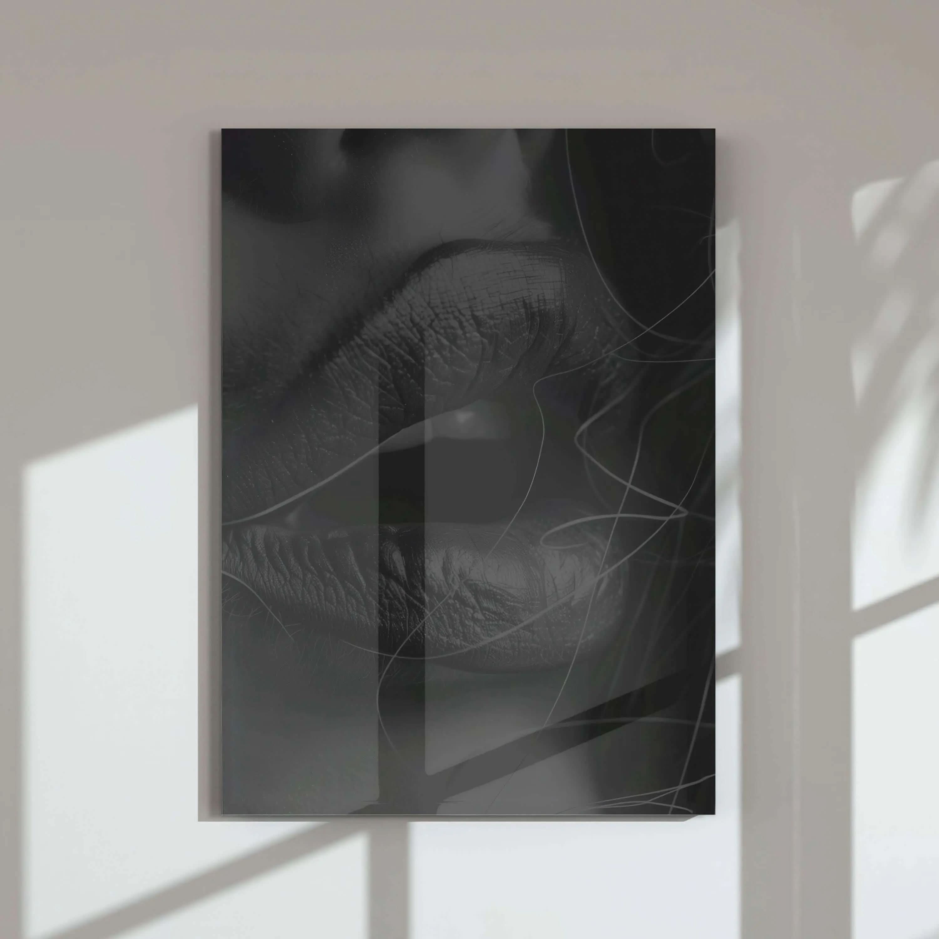 Close-up of a black and white artistic depiction of lips, part of the Haus of Prints collection.
