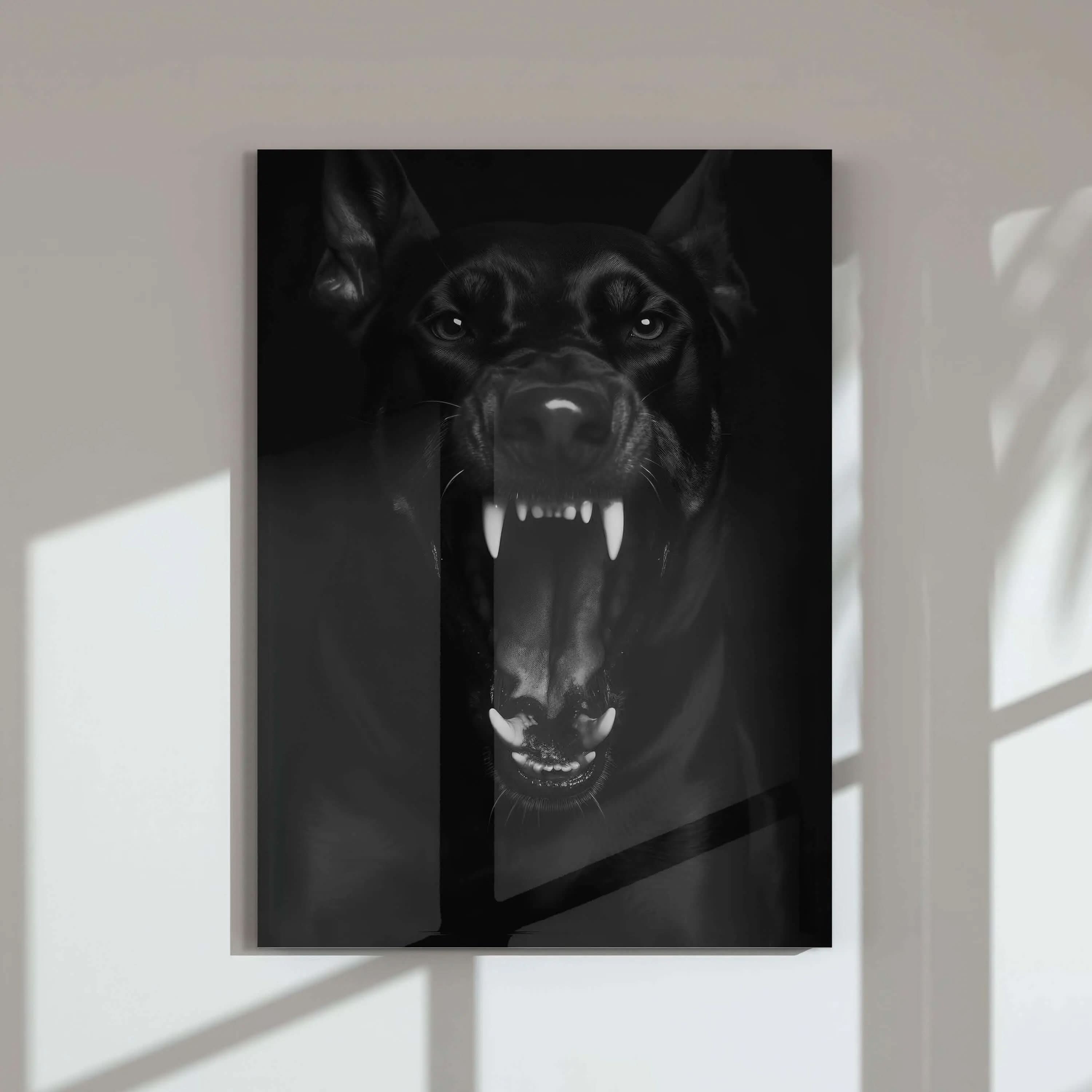 A fierce black dog barking in a black and white artistic style, part of the Haus of Prints fashion set.