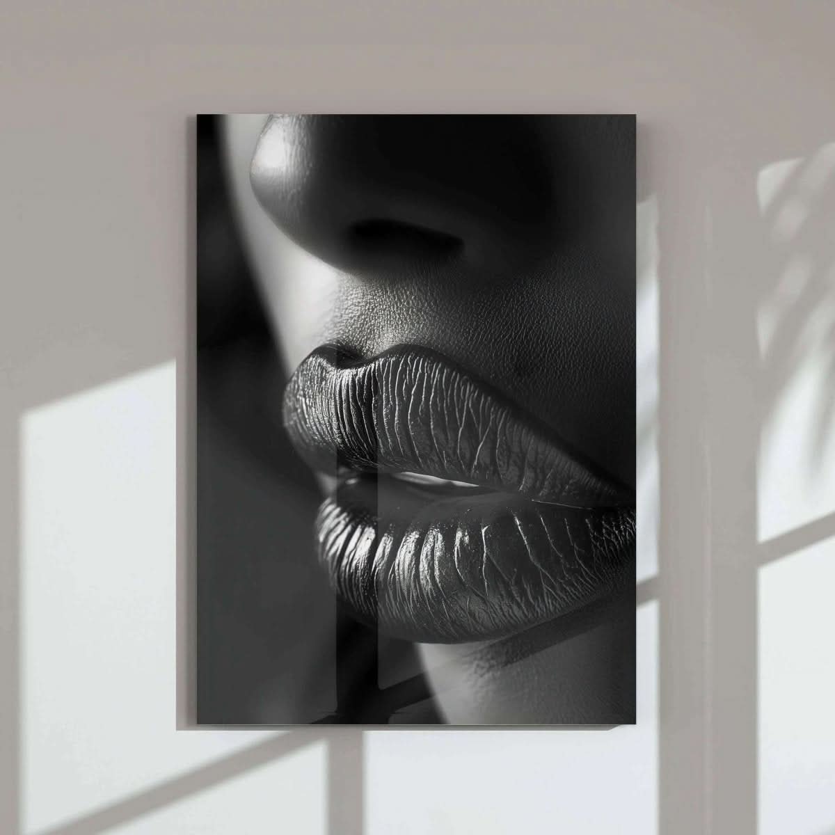 Elegant close-up of bold, glossy lips in a black and white aesthetic from Haus of Prints collection.