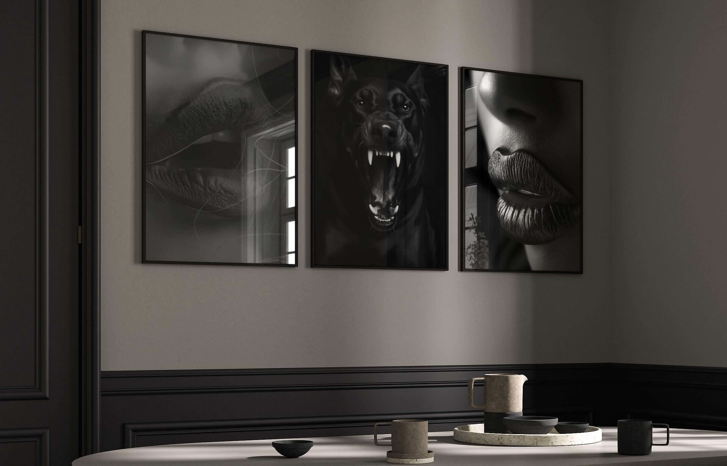 Black and White Fashion Prints arrangement showcasing dramatic lip art and a fierce dog, styled for modern decor.