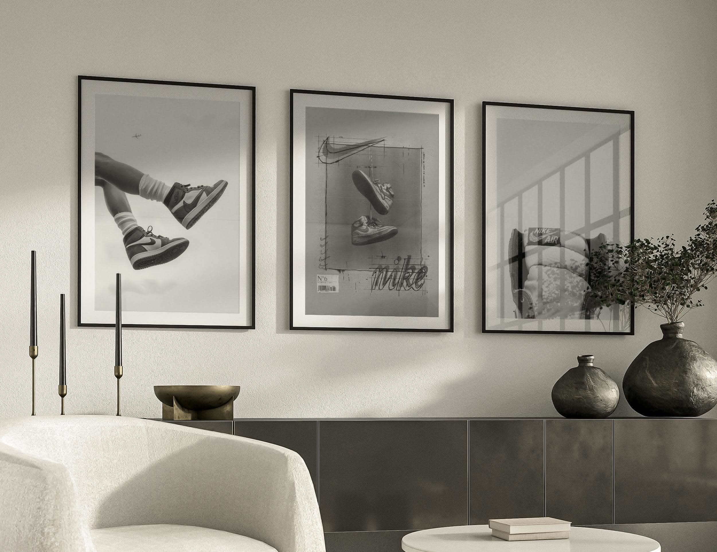 Black and white poster showcasing sneakers, emphasizing the sleek design and street style.