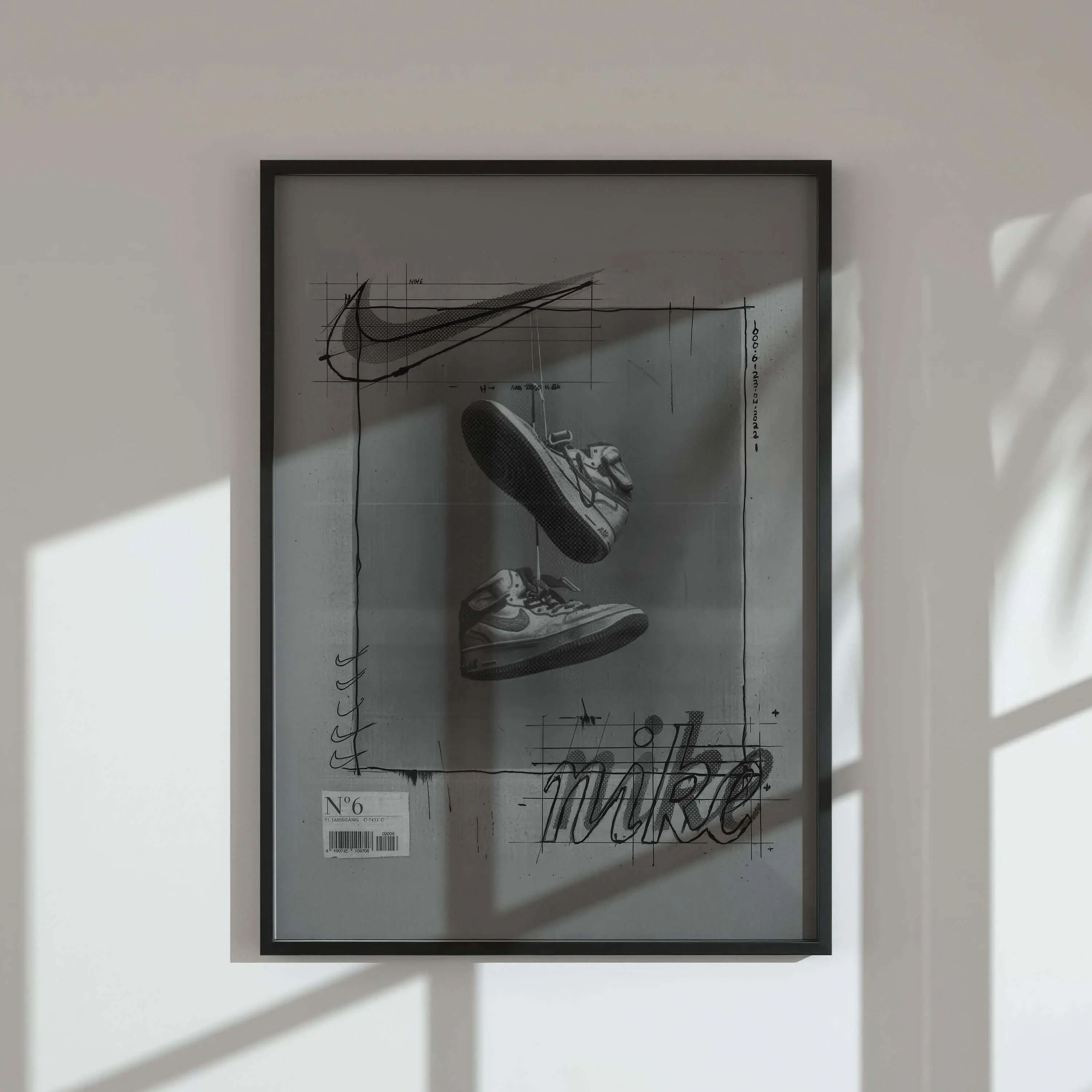 Alt view of sneakers in midair, integrating black and white tones with a crisp, modern aesthetic.