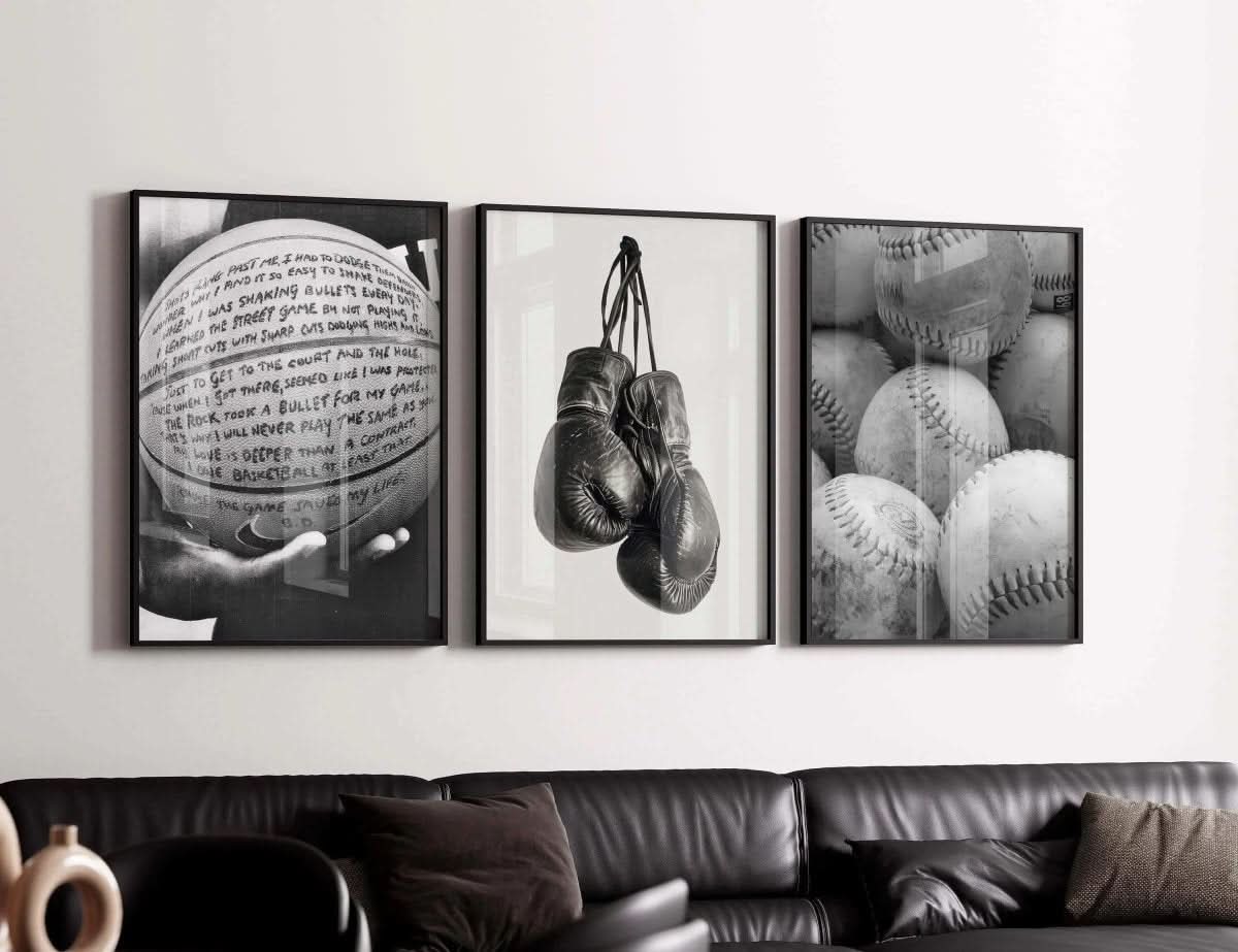 Black and White Sports Poster Set highlights boxing gloves, a basketball, and vintage baseballs for elegant decor.