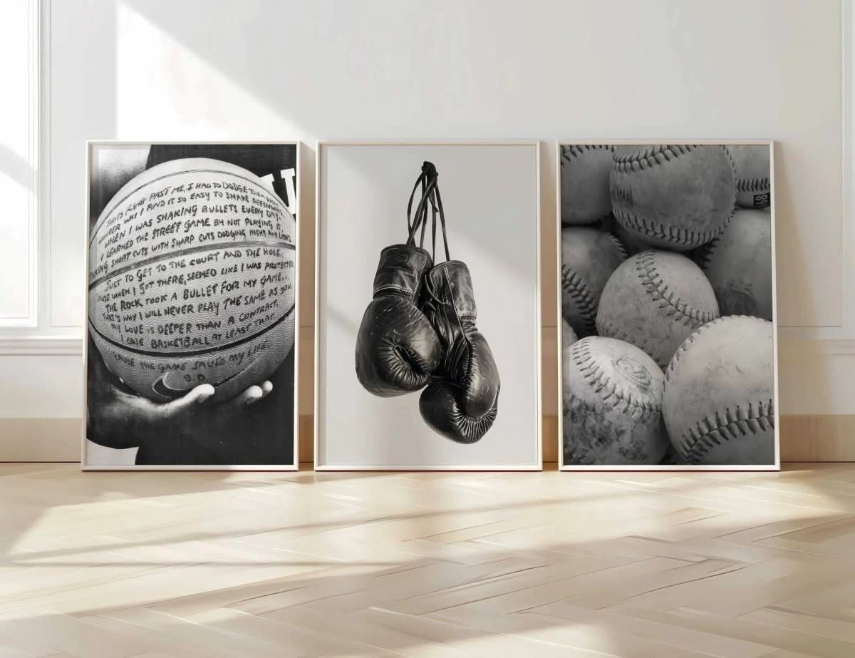 Black and White Sports Poster collection showcasing basketball and boxing gloves for a dynamic aesthetic.