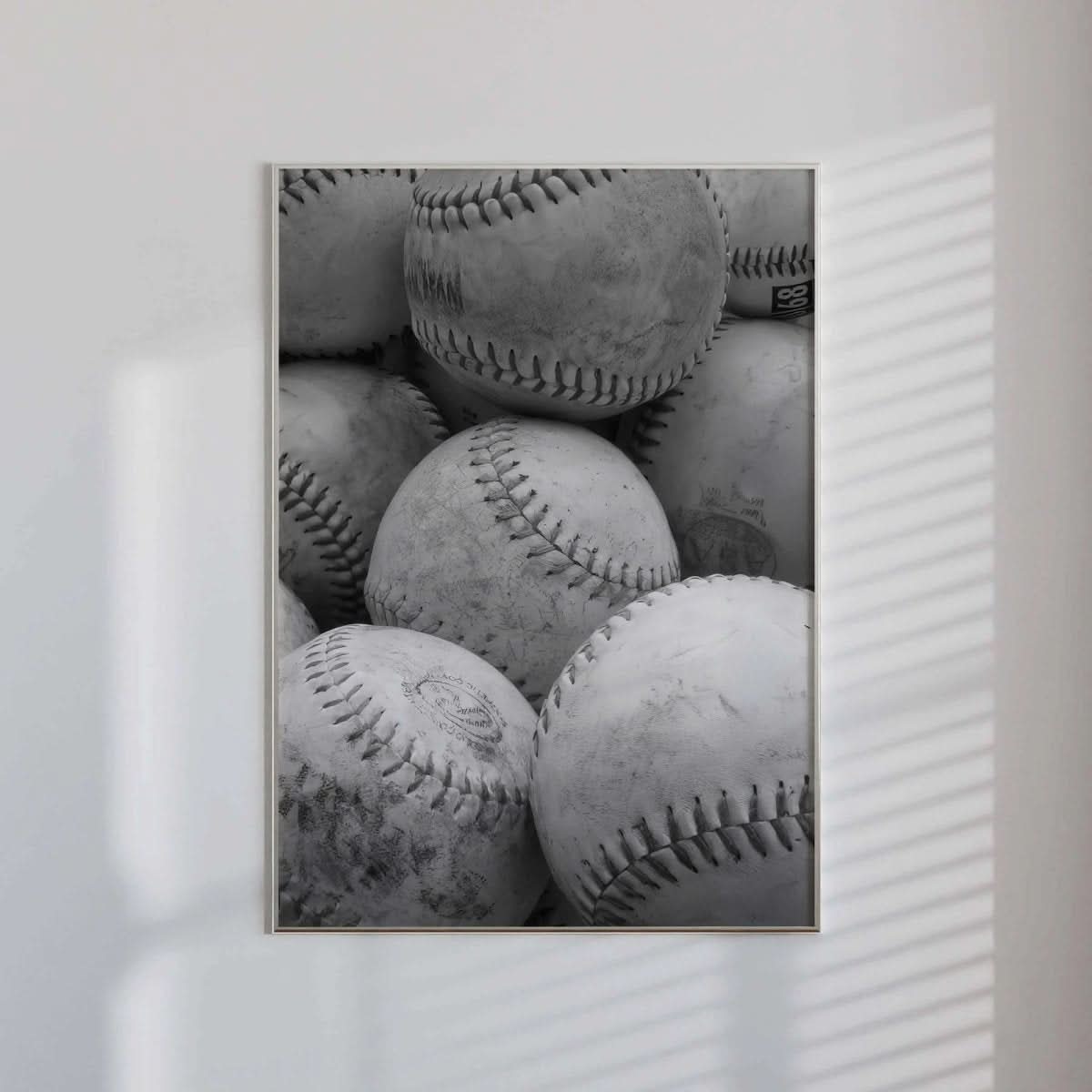 Black and White Sports Poster Set of 3 including basketball and baseballs, styled for modern interiors.