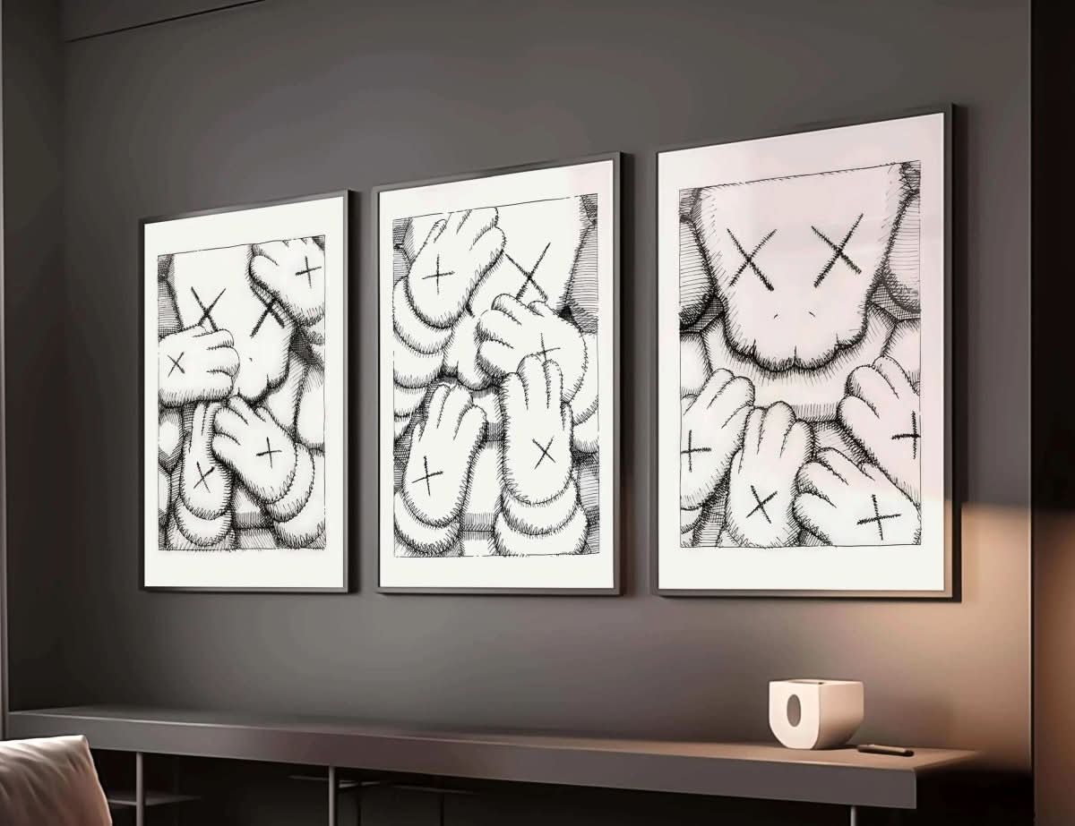 Black and White Toys Set of 3 Posters featuring contemporary art pieces framed elegantly for wall decor.
