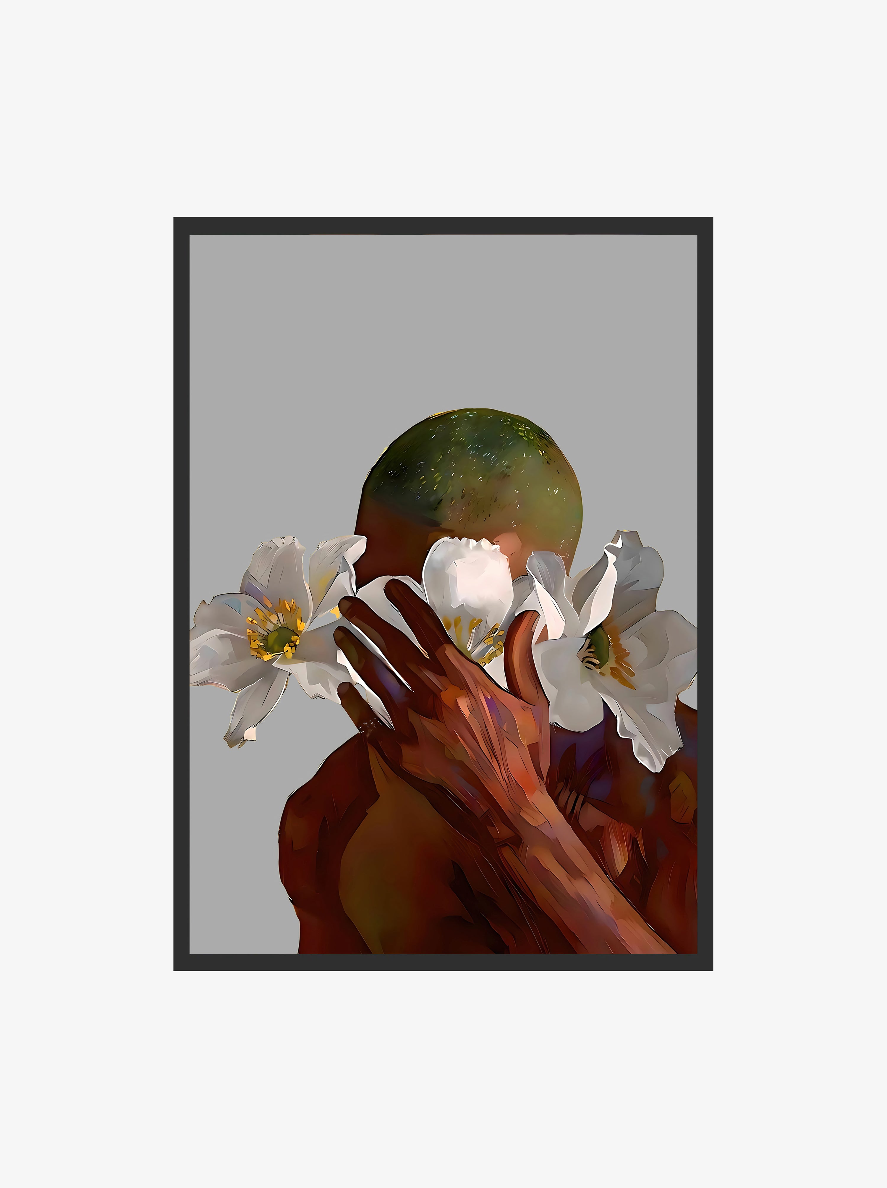Portrait of a figure with green hair and flowers, featuring Afrocentric design and contemporary digital art style.