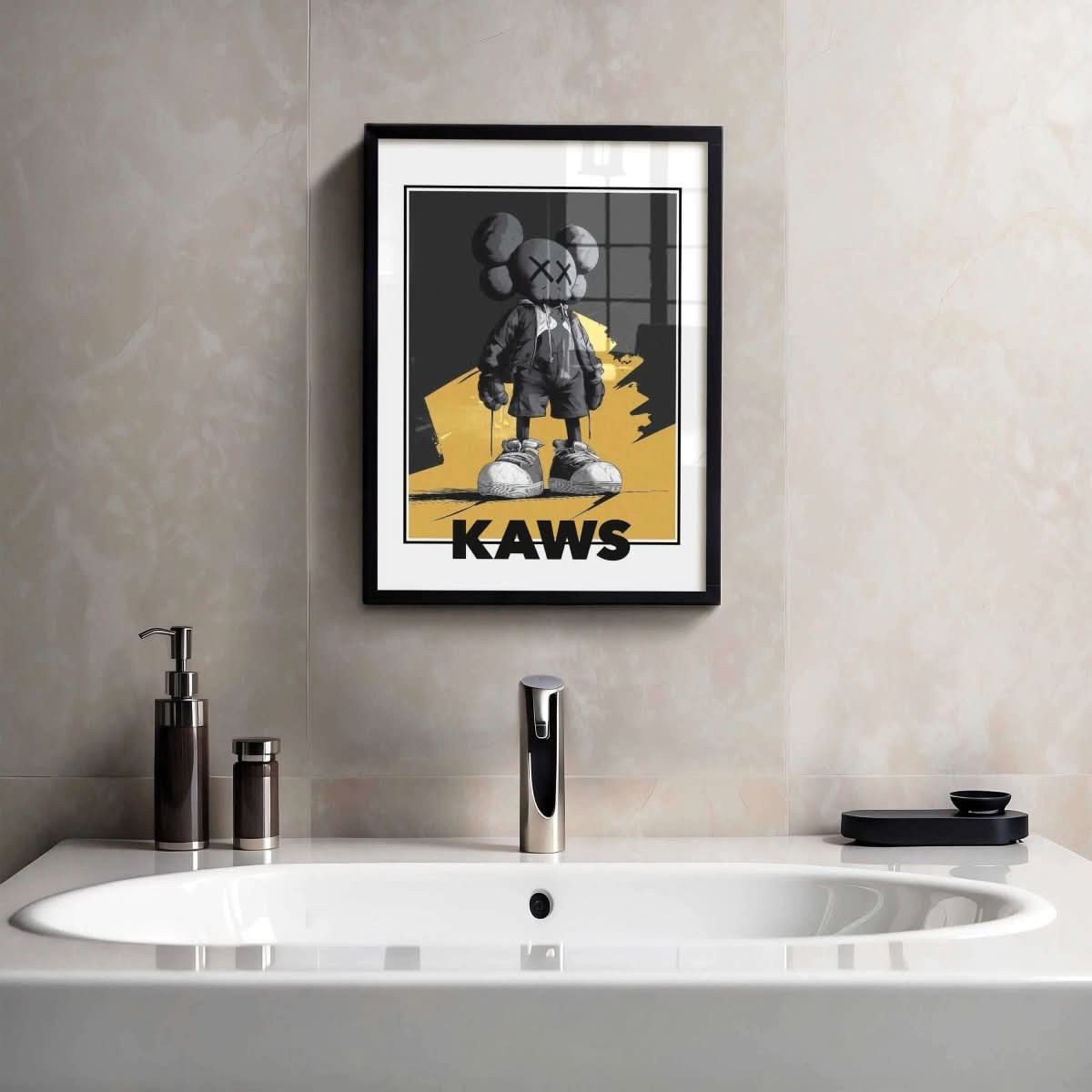 Contemporary Wall Art Set of 3 Posters featuring bold urban sneaker art in black and yellow framed in a modern bathroom by Haus of Prints.